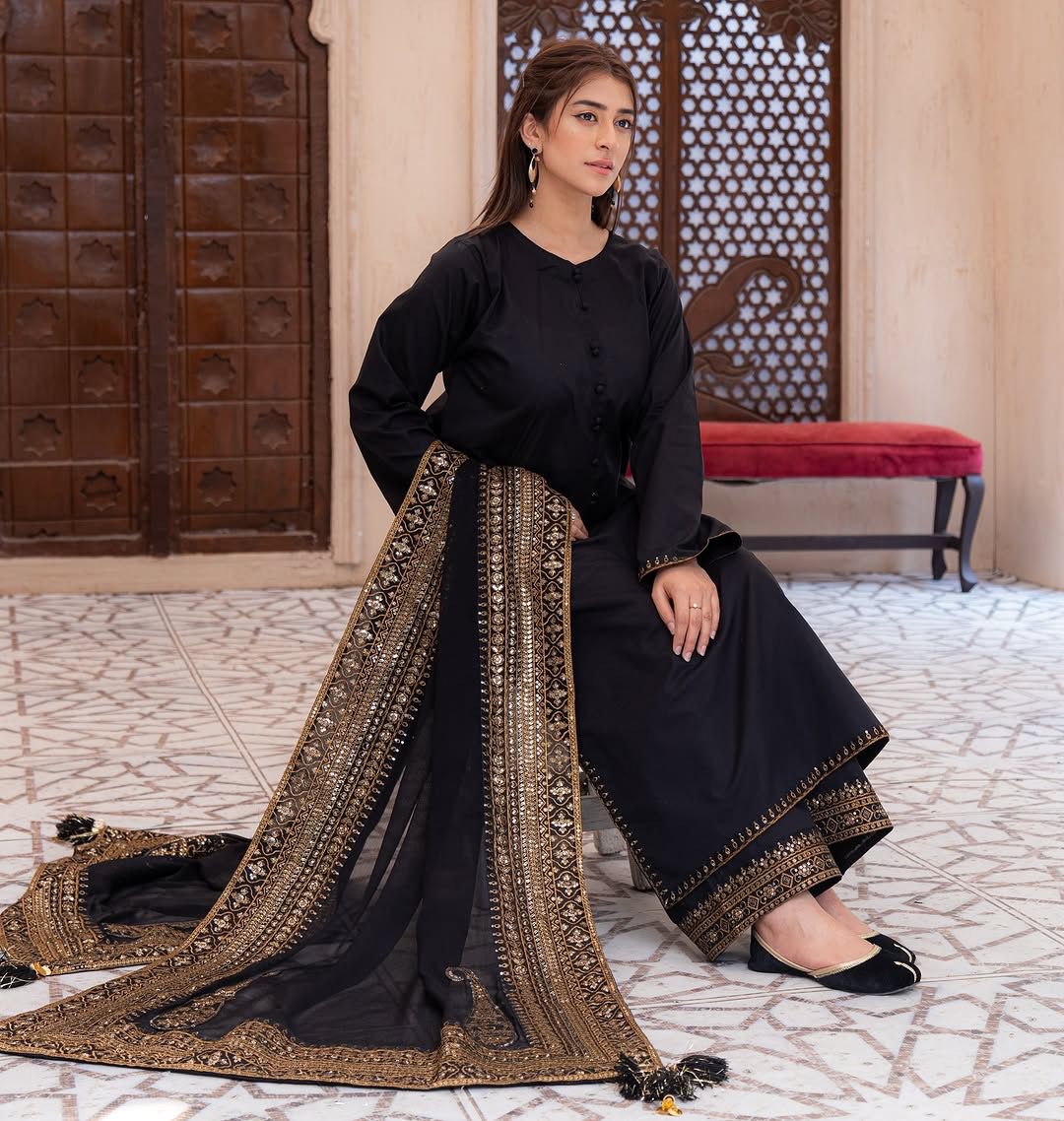 Designer Black Suit for Farewell & Sangeet – Roman Silk with Heavy Latkan Dupatta