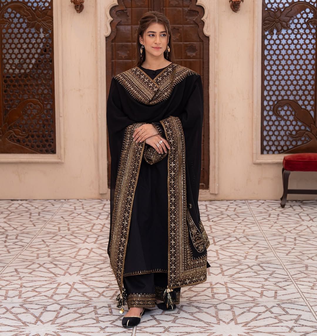 Designer Black Suit for Farewell & Sangeet – Roman Silk with Heavy Latkan Dupatta