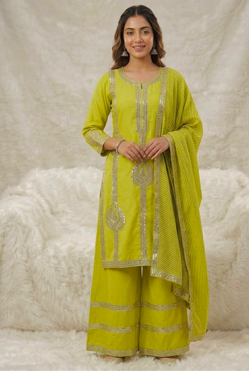 Lime Green Designer Palazzo Suit Set for Women with Dupatta