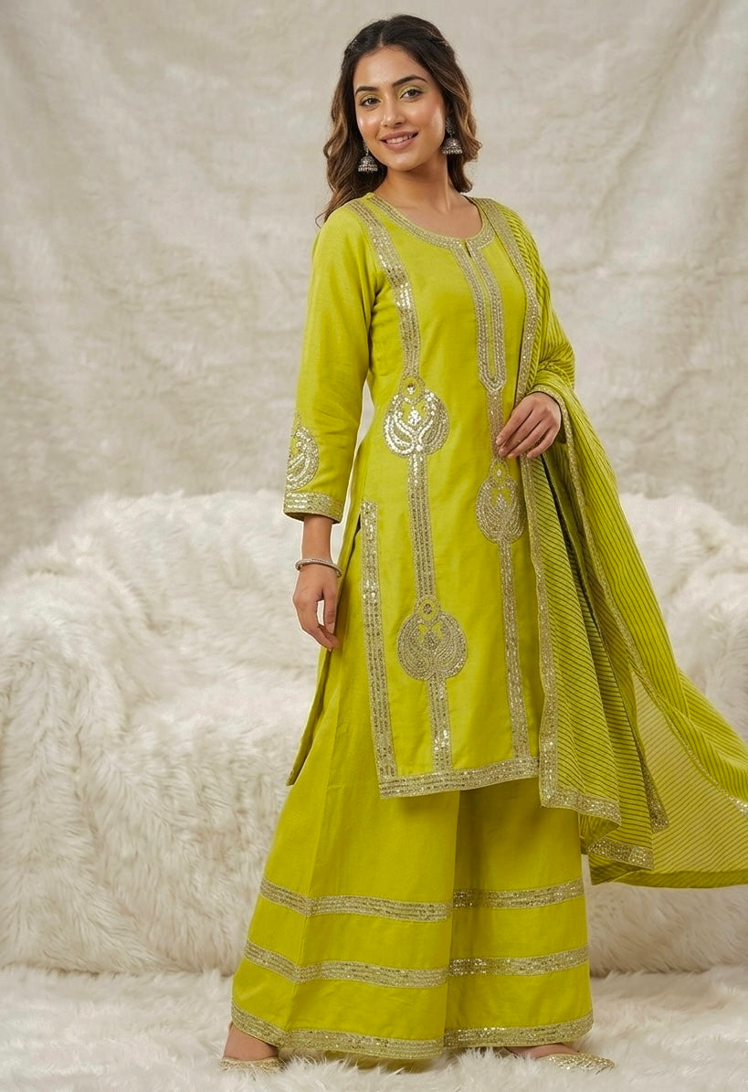 Lime Green Designer Palazzo Suit Set for Women with Dupatta