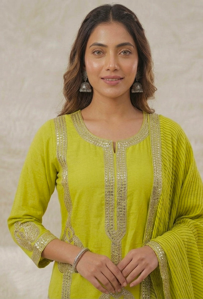 Lime Green Designer Palazzo Suit Set for Women with Dupatta