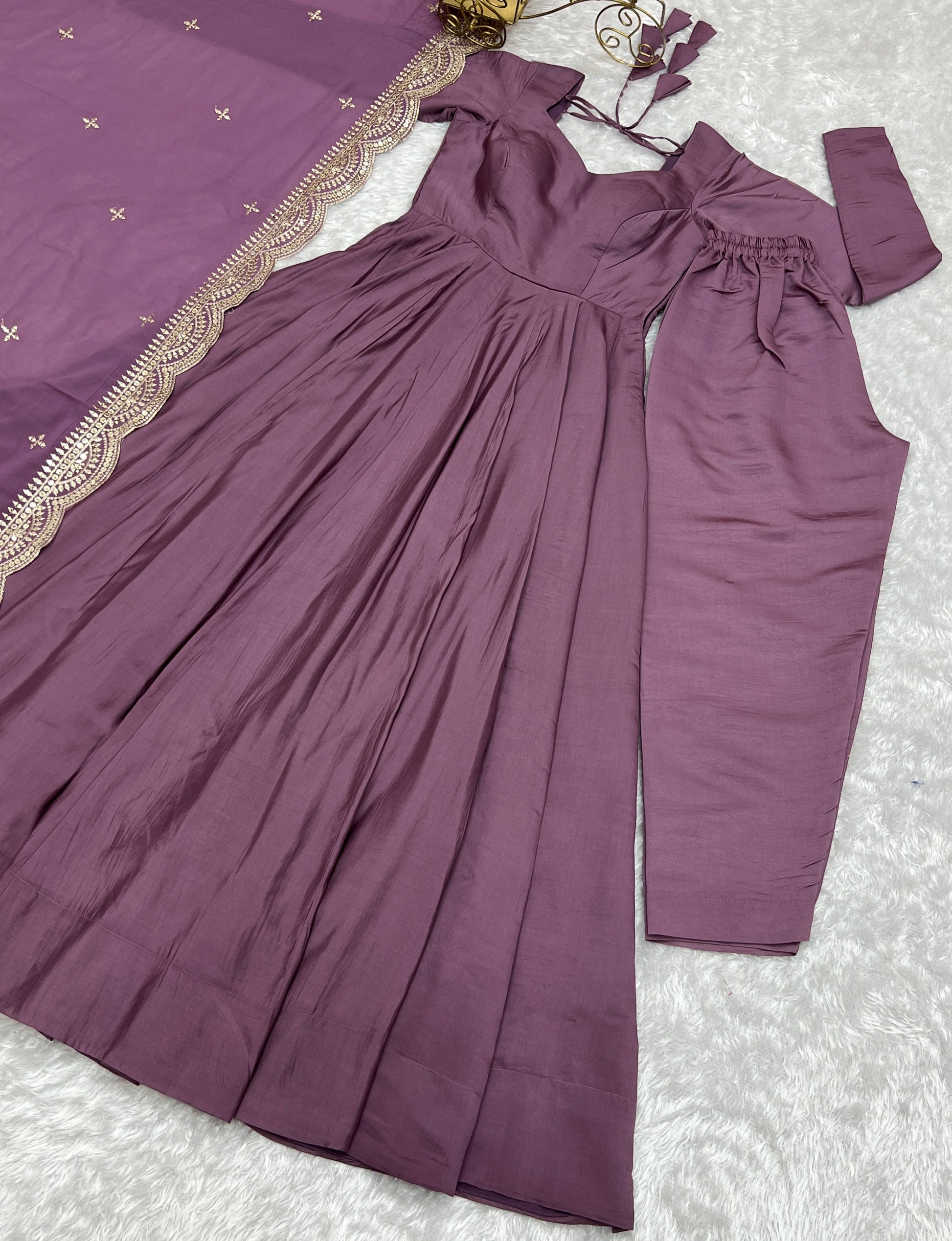 Exquisite Pure Romansilk Chanderi Designer Anarkali Pant Suit - INDIAN ELEGANCE