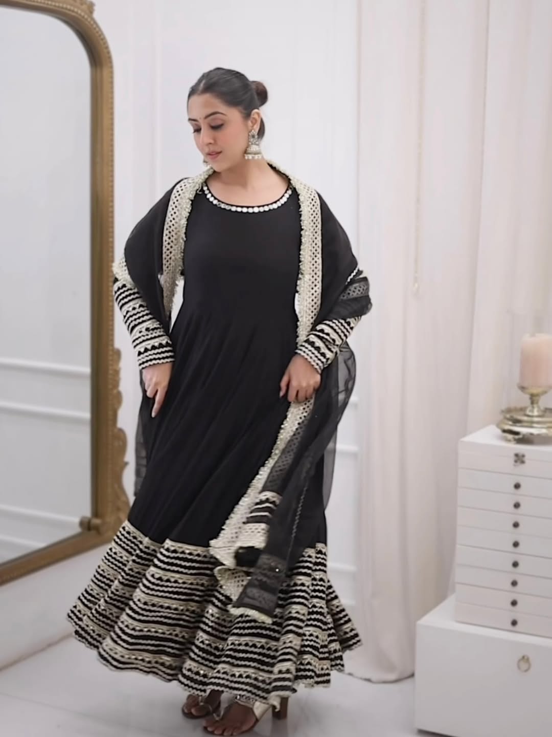 Black Embroidered Anarkali Gown Set with Dupatta – Rayon Sequins Party Wear Suit for Women | Wedding, Sangeet, Farewell & Reception