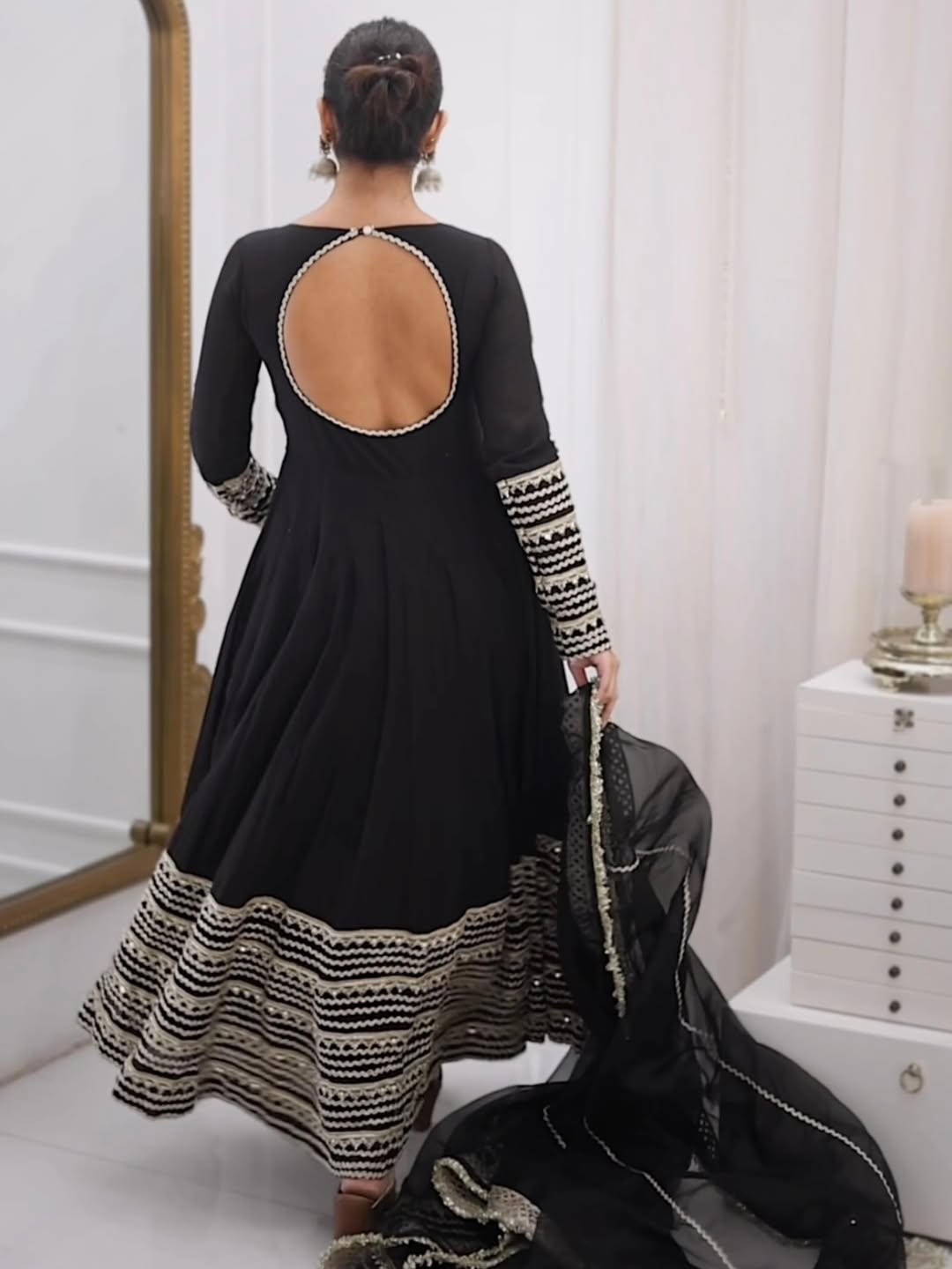 Black Embroidered Anarkali Gown Set with Dupatta – Rayon Sequins Party Wear Suit for Women | Wedding, Sangeet, Farewell & Reception