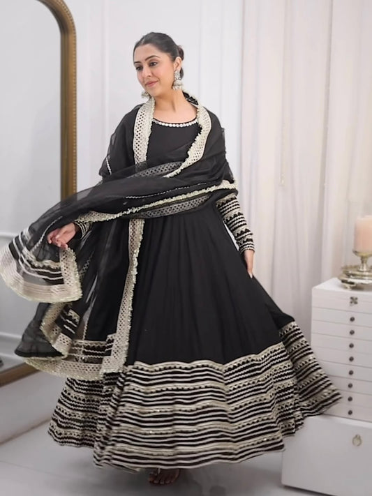 Black Embroidered Anarkali Gown Set with Dupatta – Rayon Sequins Party Wear Suit for Women | Wedding, Sangeet, Farewell & Reception