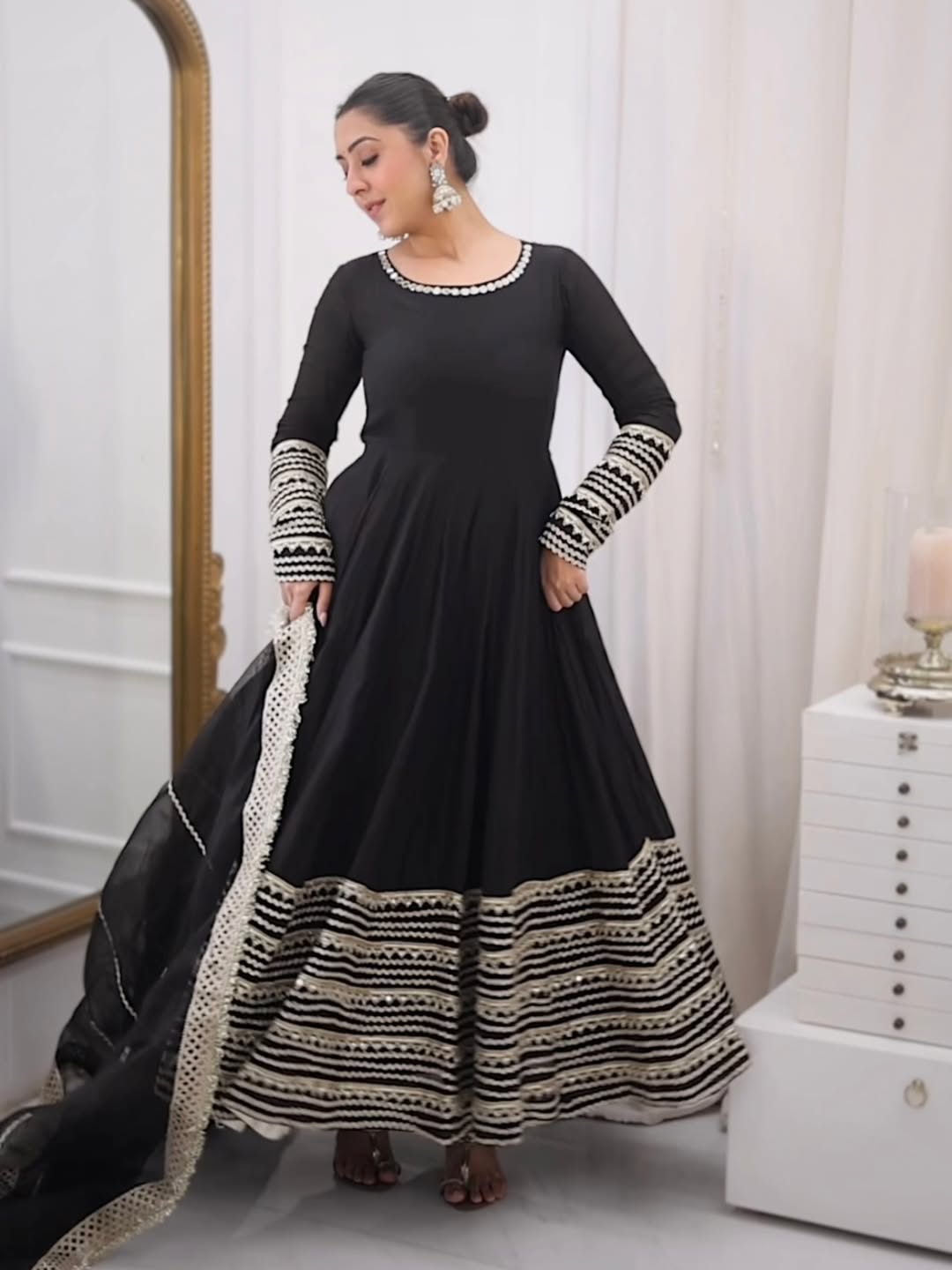 Black Embroidered Anarkali Gown Set with Dupatta – Rayon Sequins Party Wear Suit for Women | Wedding, Sangeet, Farewell & Reception