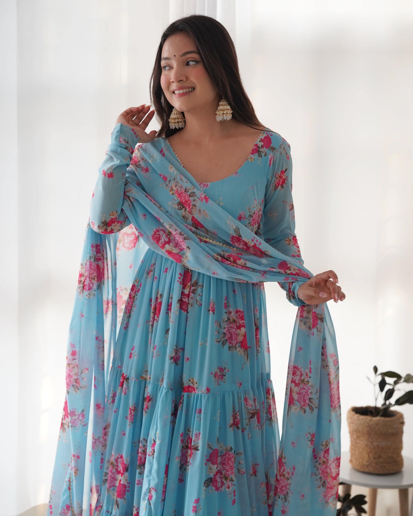 Radiant Sky Blue Floral Printed Fully Stitched Anarkali Pant Suit - INDIAN ELEGANCE