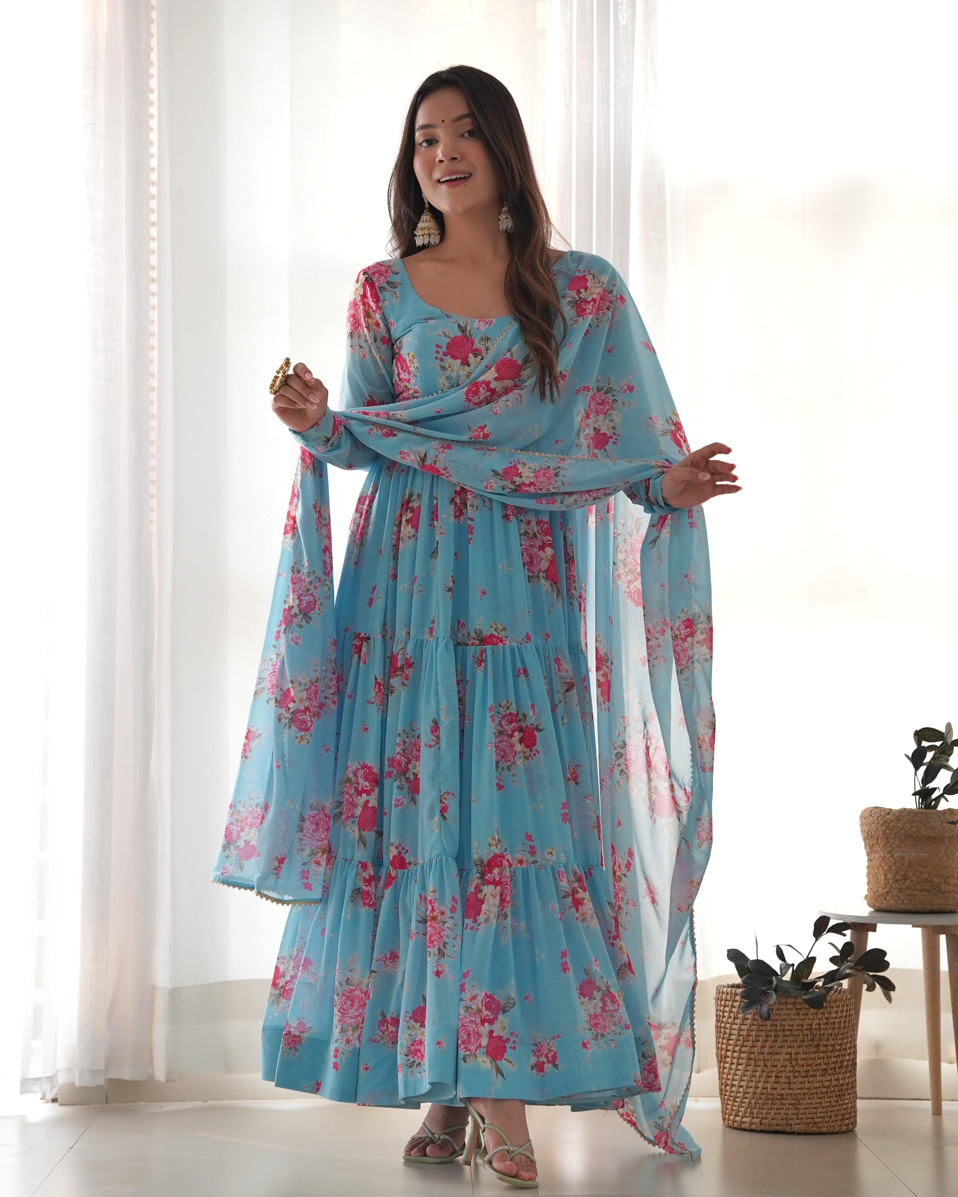 Radiant Sky Blue Floral Printed Fully Stitched Anarkali Pant Suit - INDIAN ELEGANCE