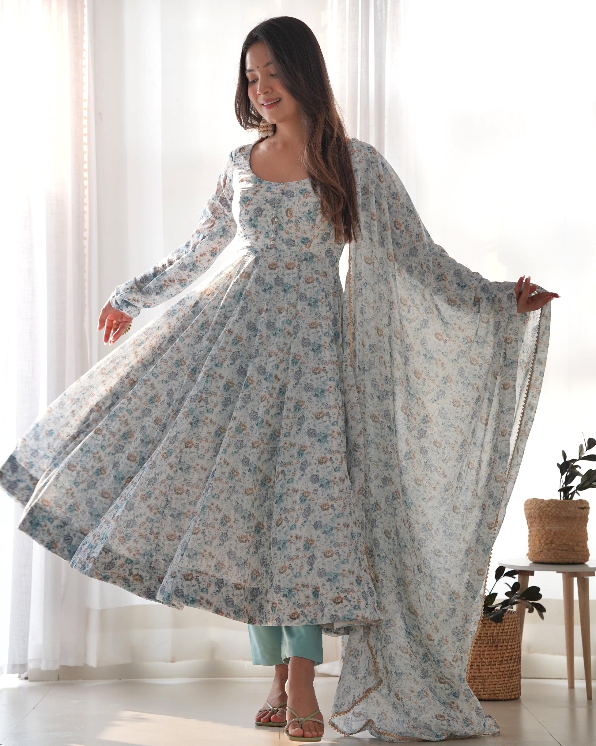 Exquisite Chiffon Floral Digital Printed Fully Stitched Anarkali Pant Suit - INDIAN ELEGANCE
