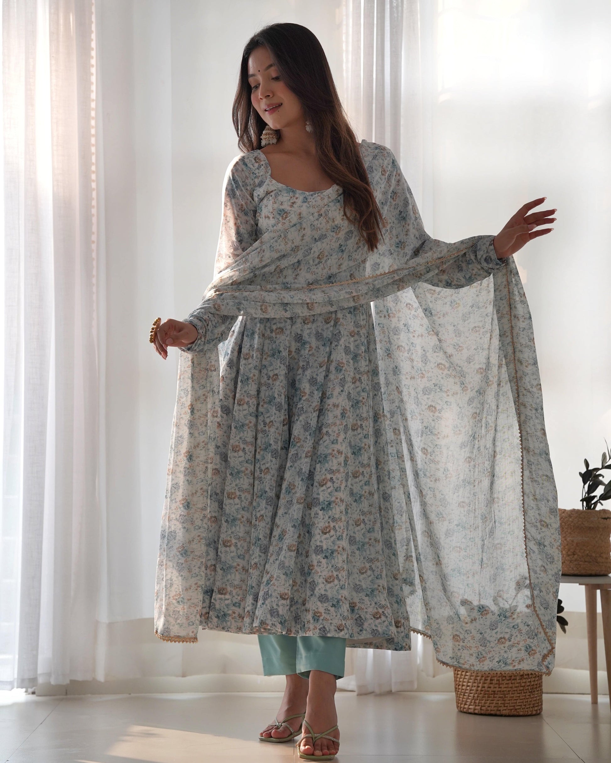 Exquisite Chiffon Floral Digital Printed Fully Stitched Anarkali Pant Suit - INDIAN ELEGANCE