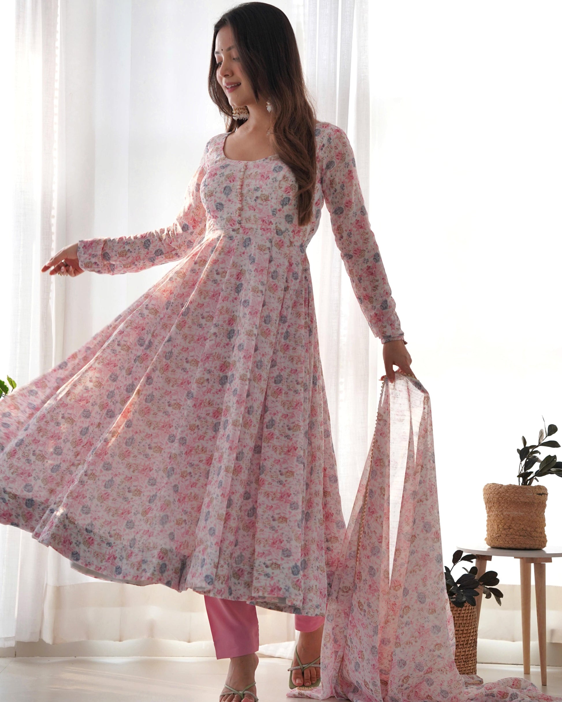 Exquisite Chiffon Floral Digital Printed Fully Stitched Anarkali Pant Suit - INDIAN ELEGANCE