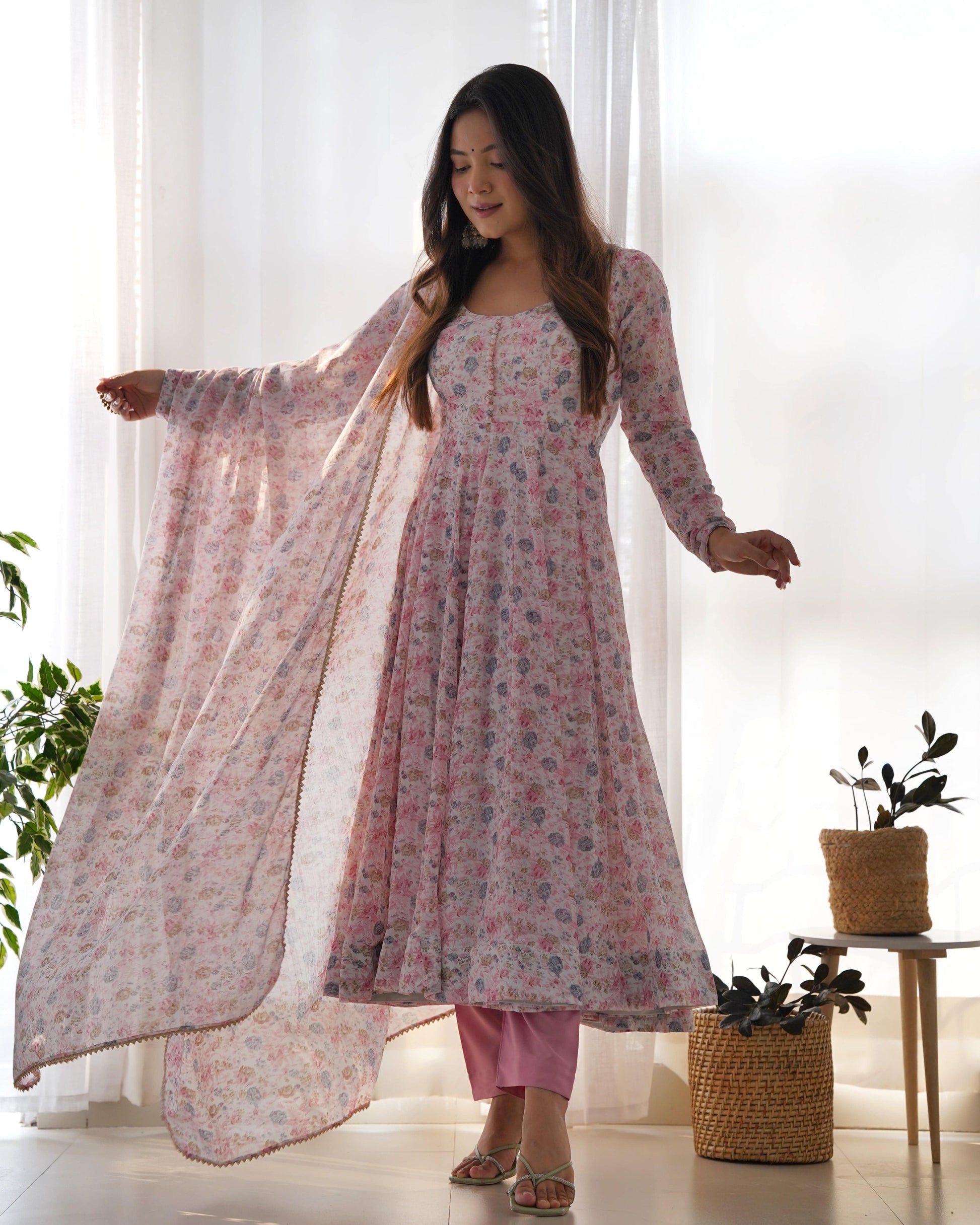 Exquisite Chiffon Floral Digital Printed Fully Stitched Anarkali Pant Suit - INDIAN ELEGANCE