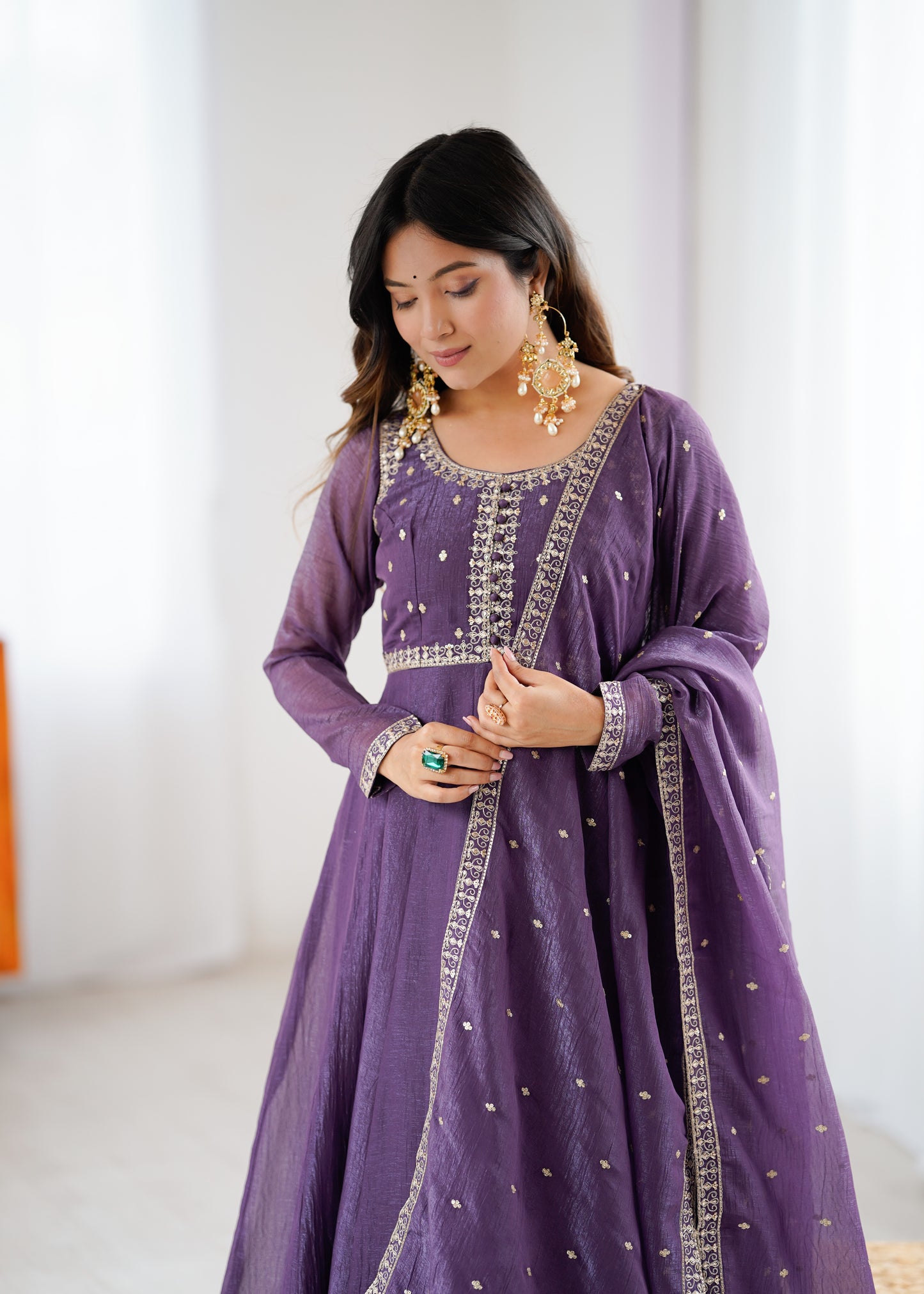 Premium Wedding Purple Anarkali Suit in Heavy Crunchy Silk with Embroidery & Dupatta