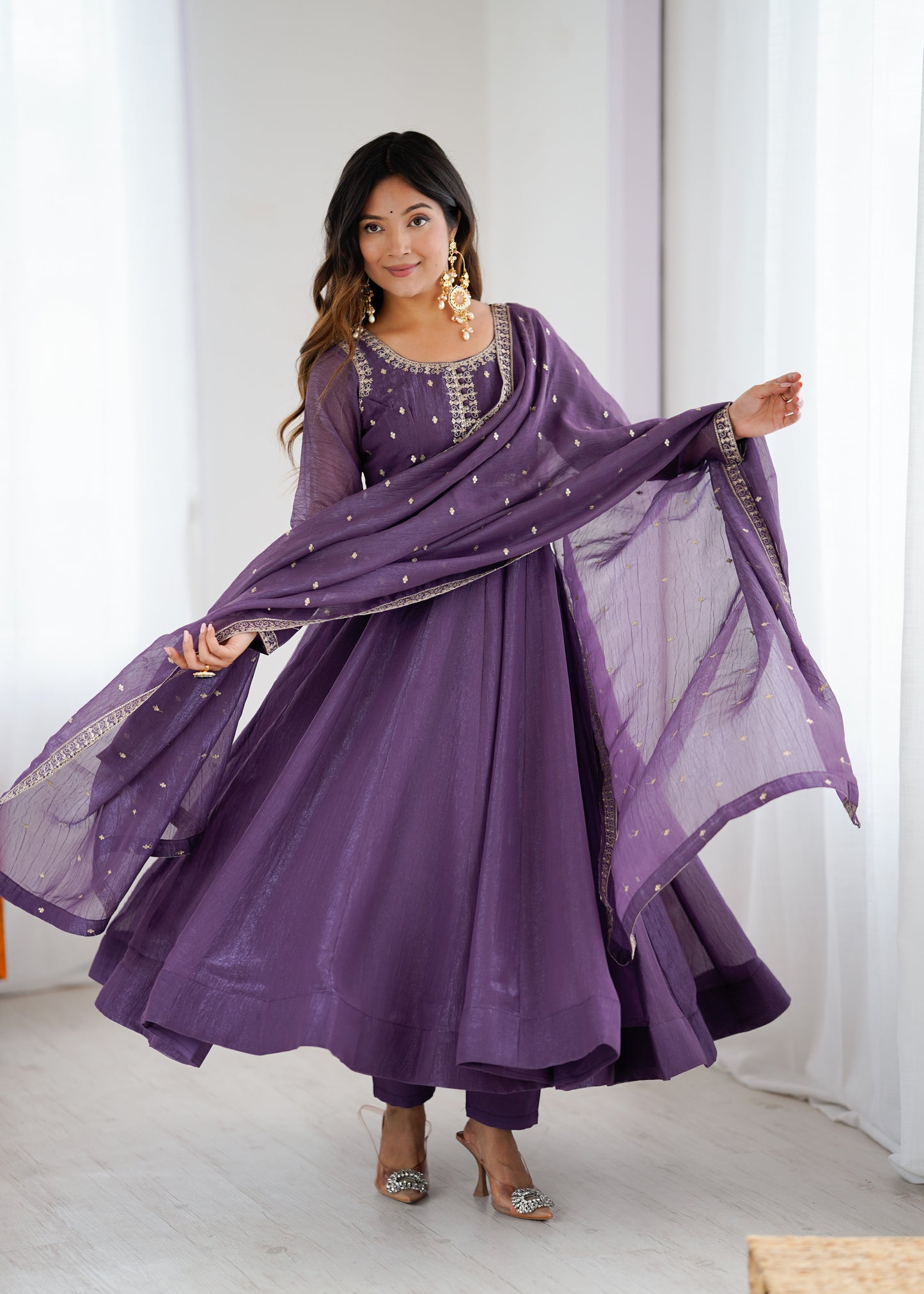 Premium Wedding Purple Anarkali Suit in Heavy Crunchy Silk with Embroidery & Dupatta