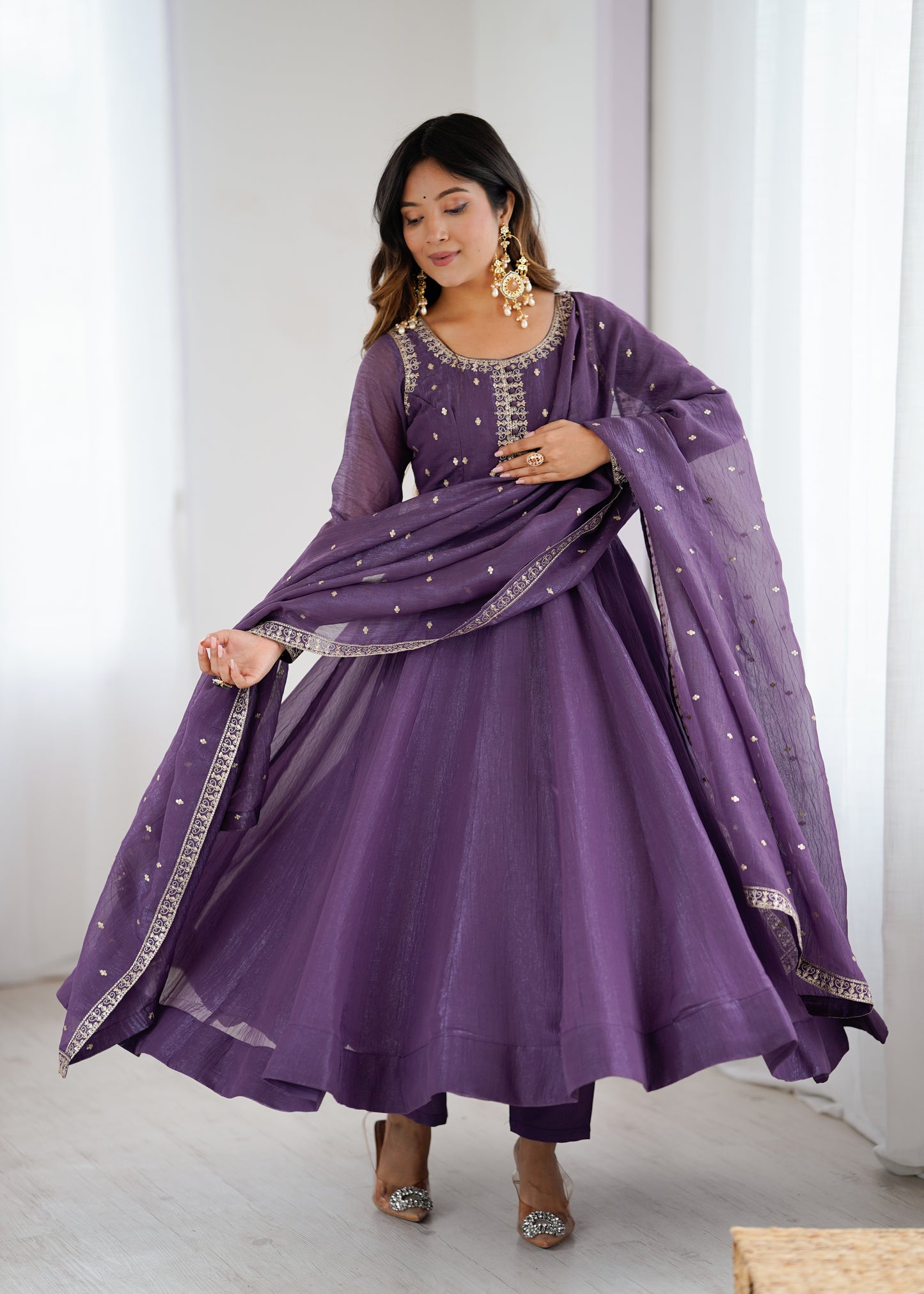 Premium Wedding Purple Anarkali Suit in Heavy Crunchy Silk with Embroidery & Dupatta