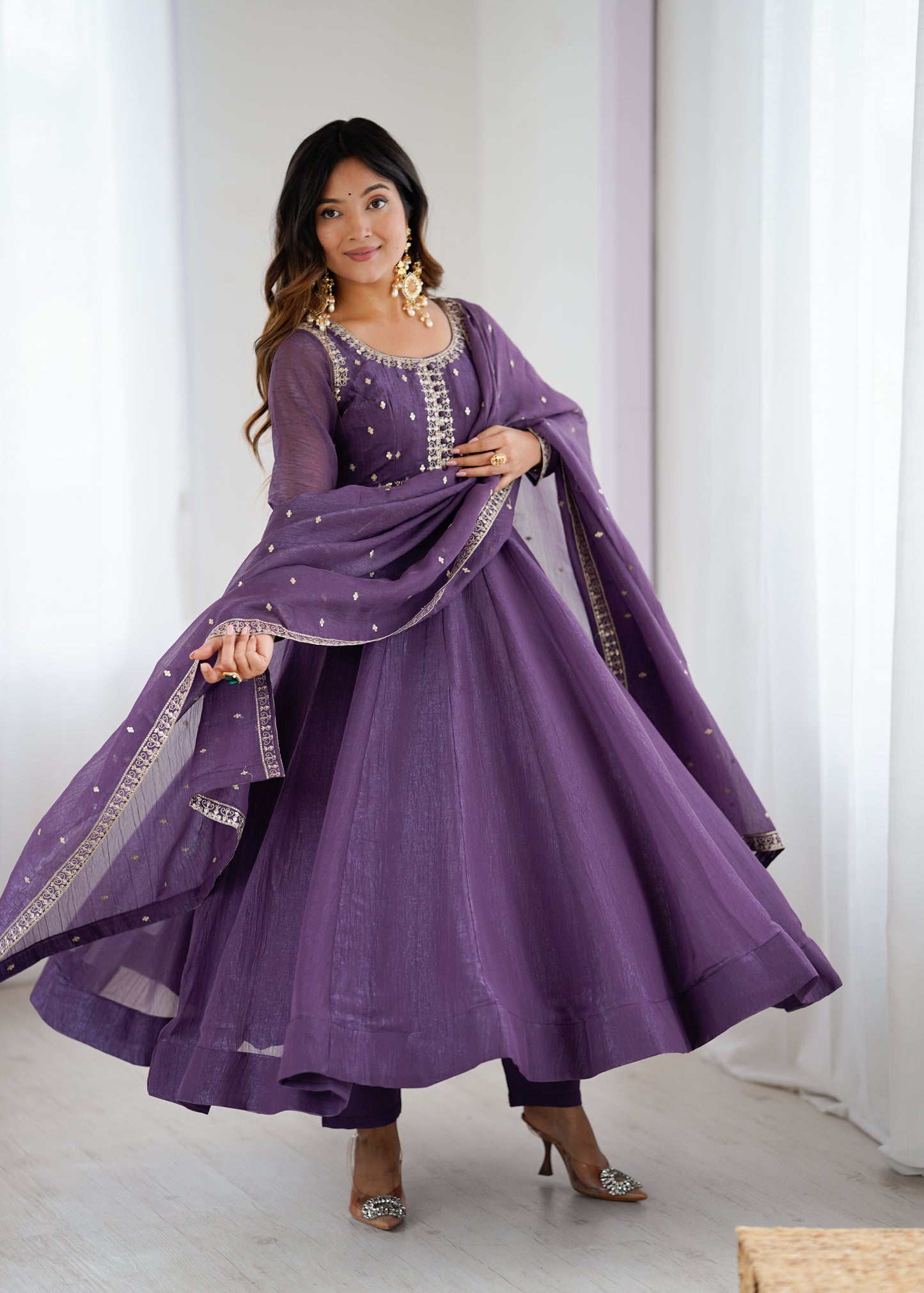 Premium Wedding Purple Anarkali Suit in Heavy Crunchy Silk with Embroidery & Dupatta