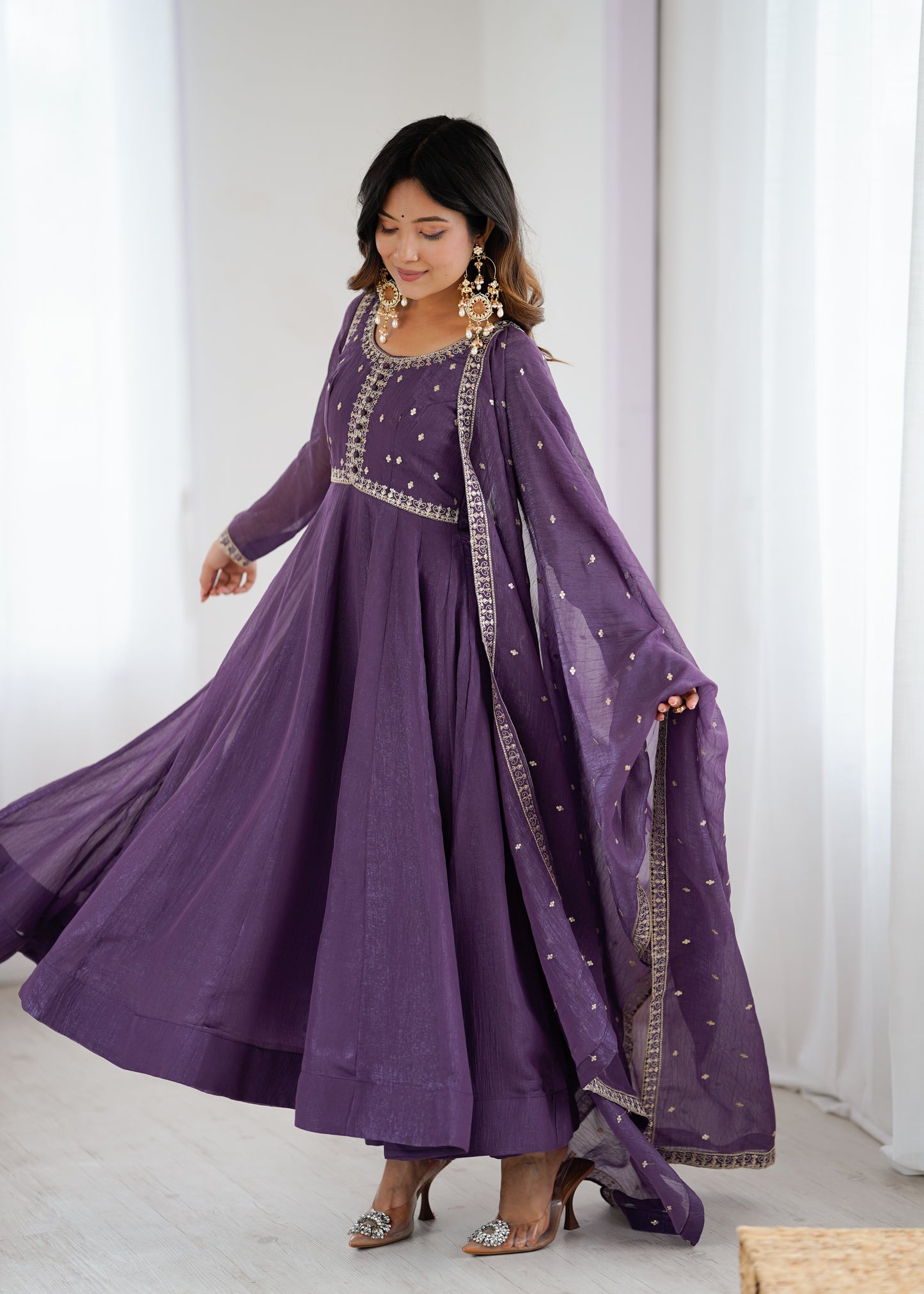 Premium Wedding Purple Anarkali Suit in Heavy Crunchy Silk with Embroidery & Dupatta
