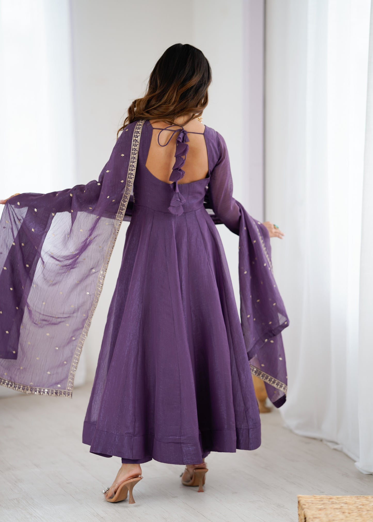 Premium Wedding Purple Anarkali Suit in Heavy Crunchy Silk with Embroidery & Dupatta
