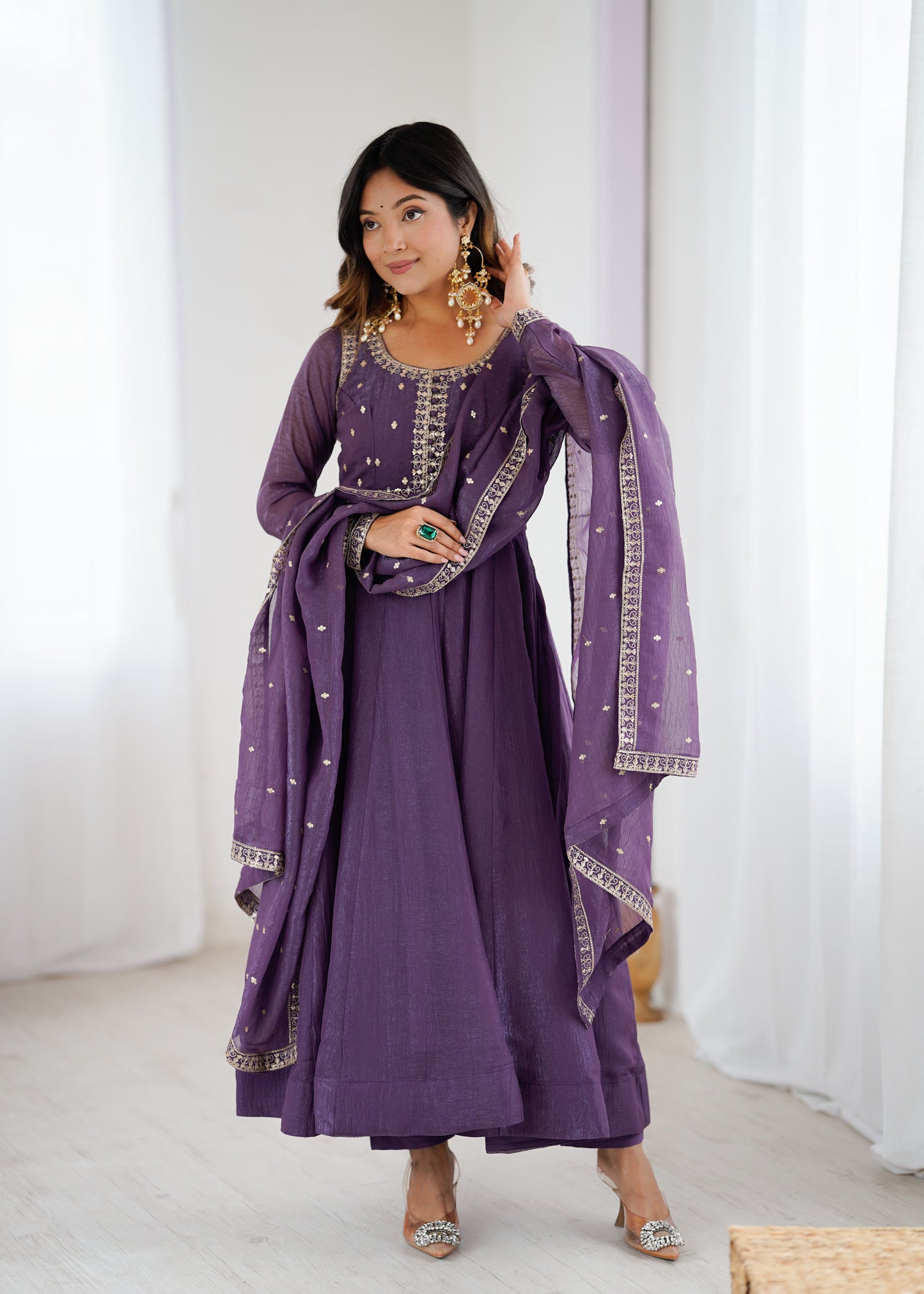 Premium Wedding Purple Anarkali Suit in Heavy Crunchy Silk with Embroidery & Dupatta