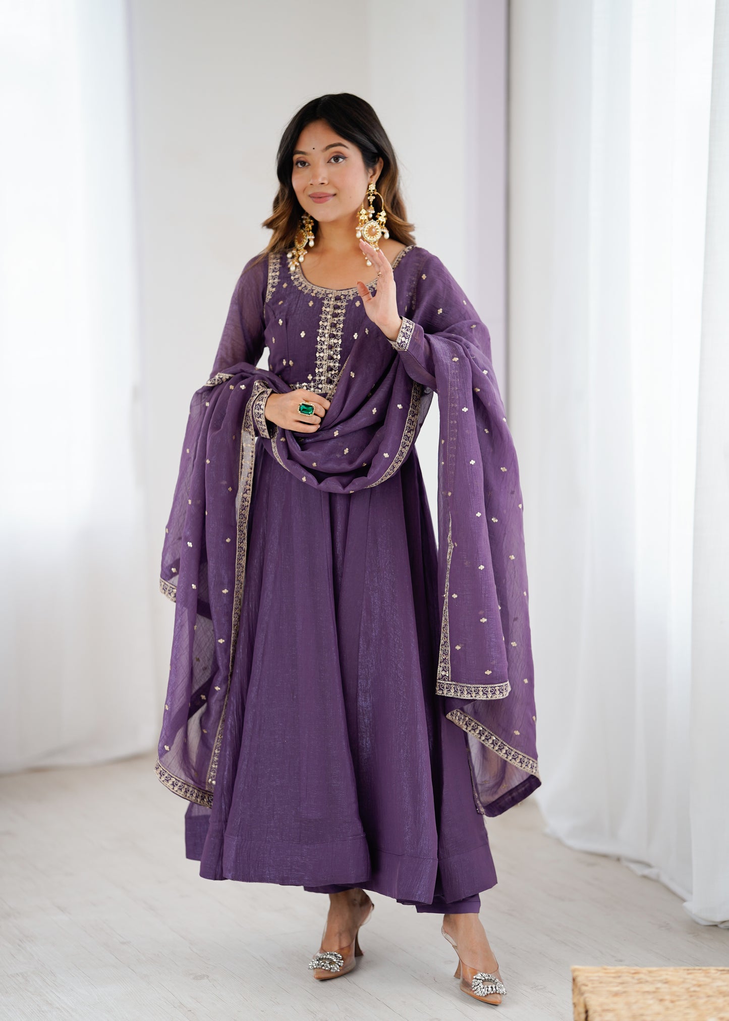 Premium Wedding Purple Anarkali Suit in Heavy Crunchy Silk with Embroidery & Dupatta