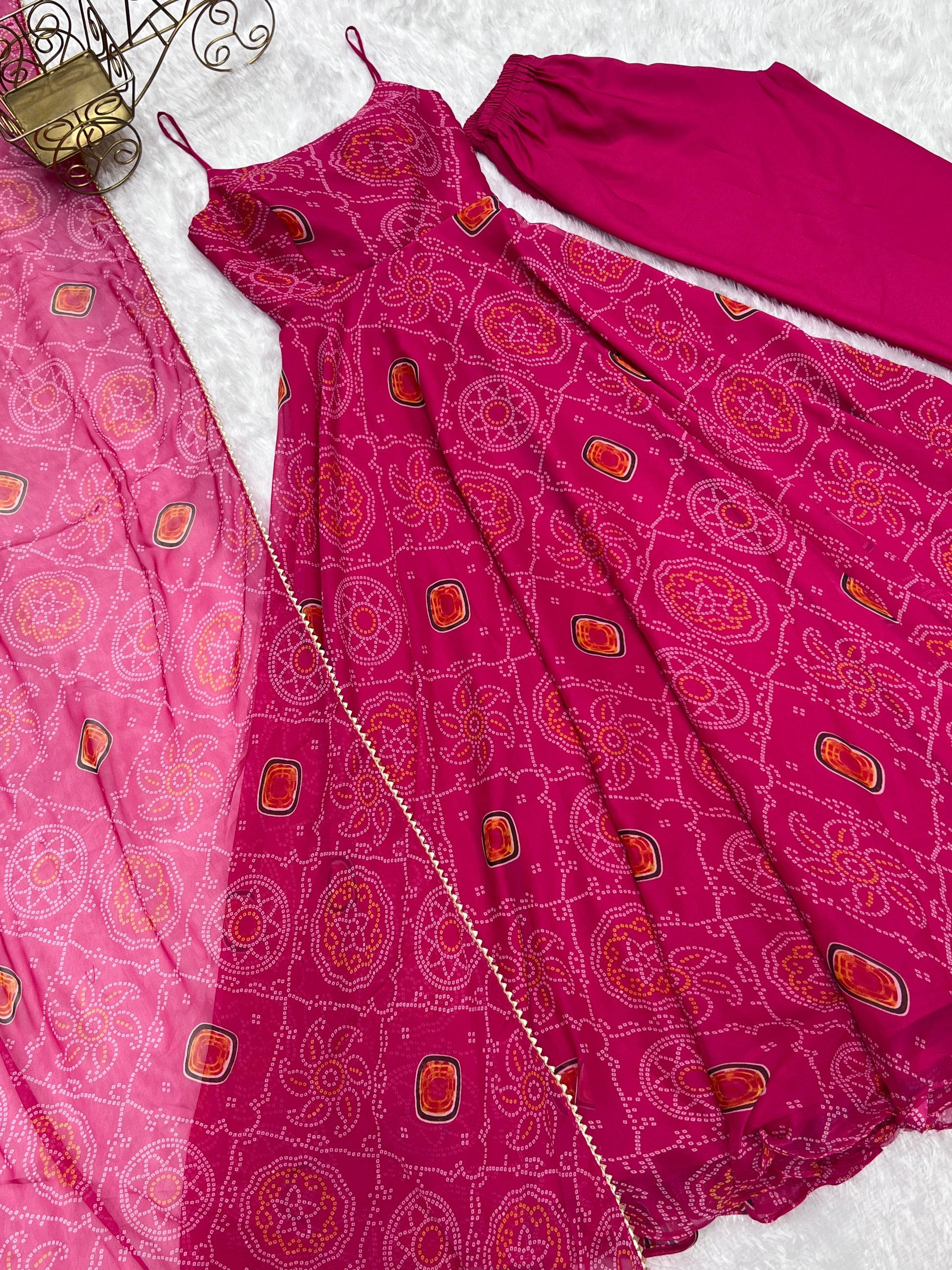 Spectacular Pink Chiffon Bandhej Printed Stitched Anarkali Pant Suit - INDIAN ELEGANCE