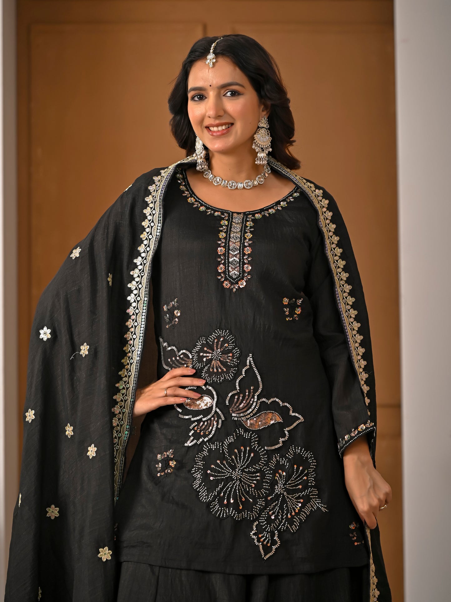 Black Vichitra Silk Sharara Suit Set with Embroidered Dupatta for Women | Hand Work Party & Wedding Wear