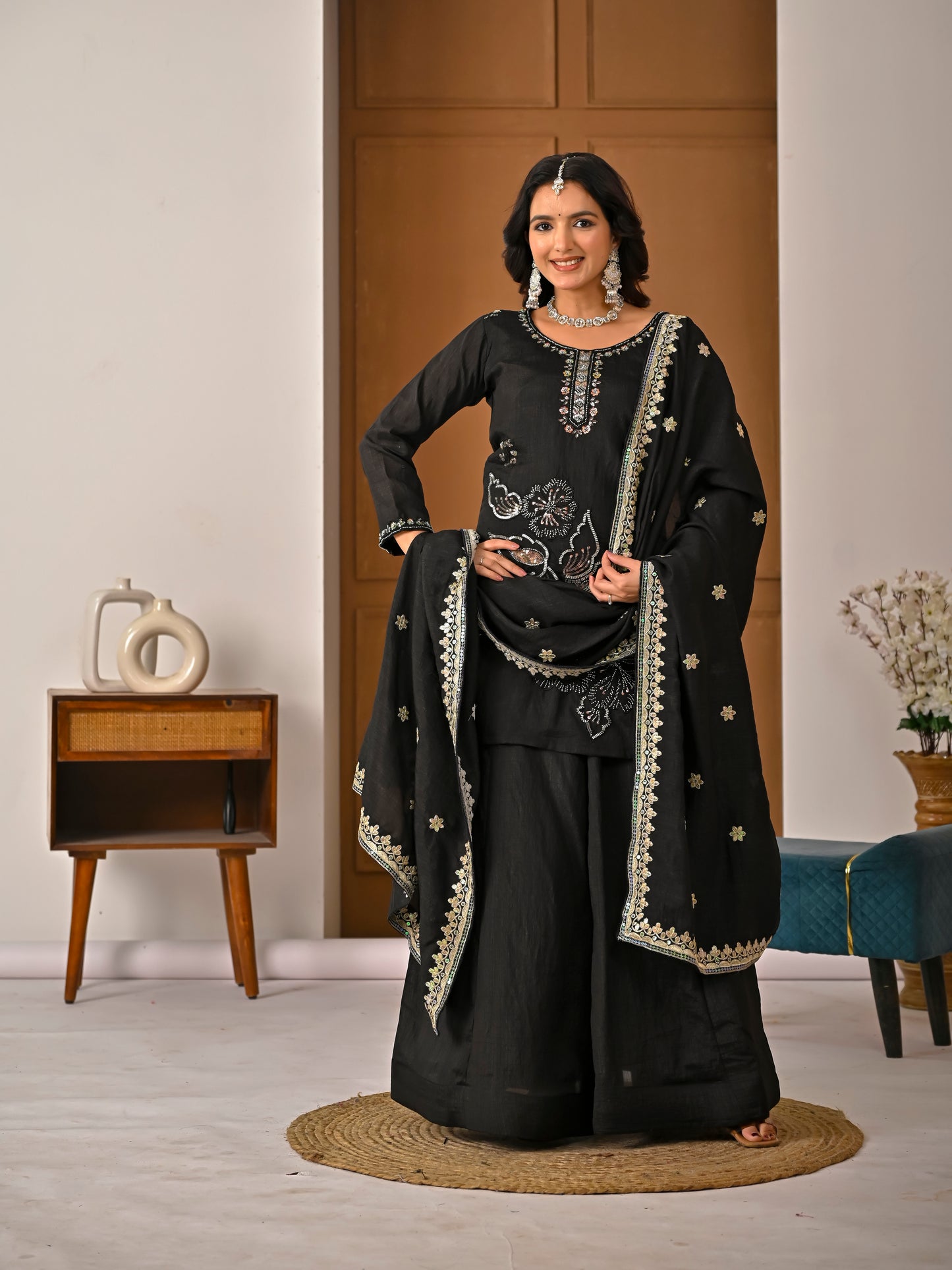 Black Vichitra Silk Sharara Suit Set with Embroidered Dupatta for Women | Hand Work Party & Wedding Wear