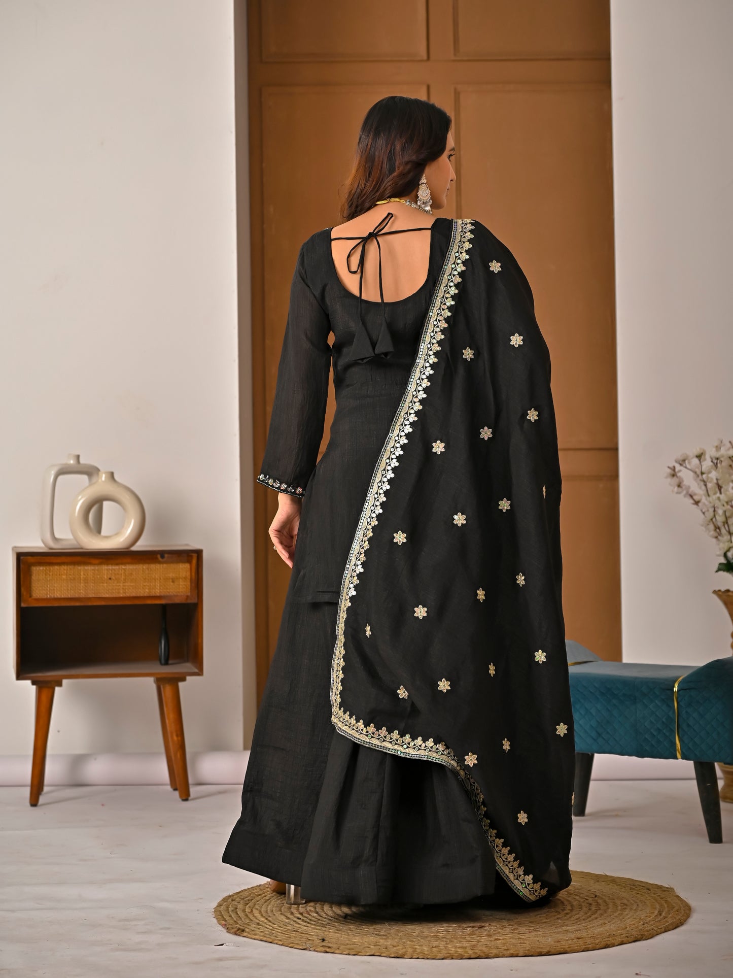Black Vichitra Silk Sharara Suit Set with Embroidered Dupatta for Women | Hand Work Party & Wedding Wear