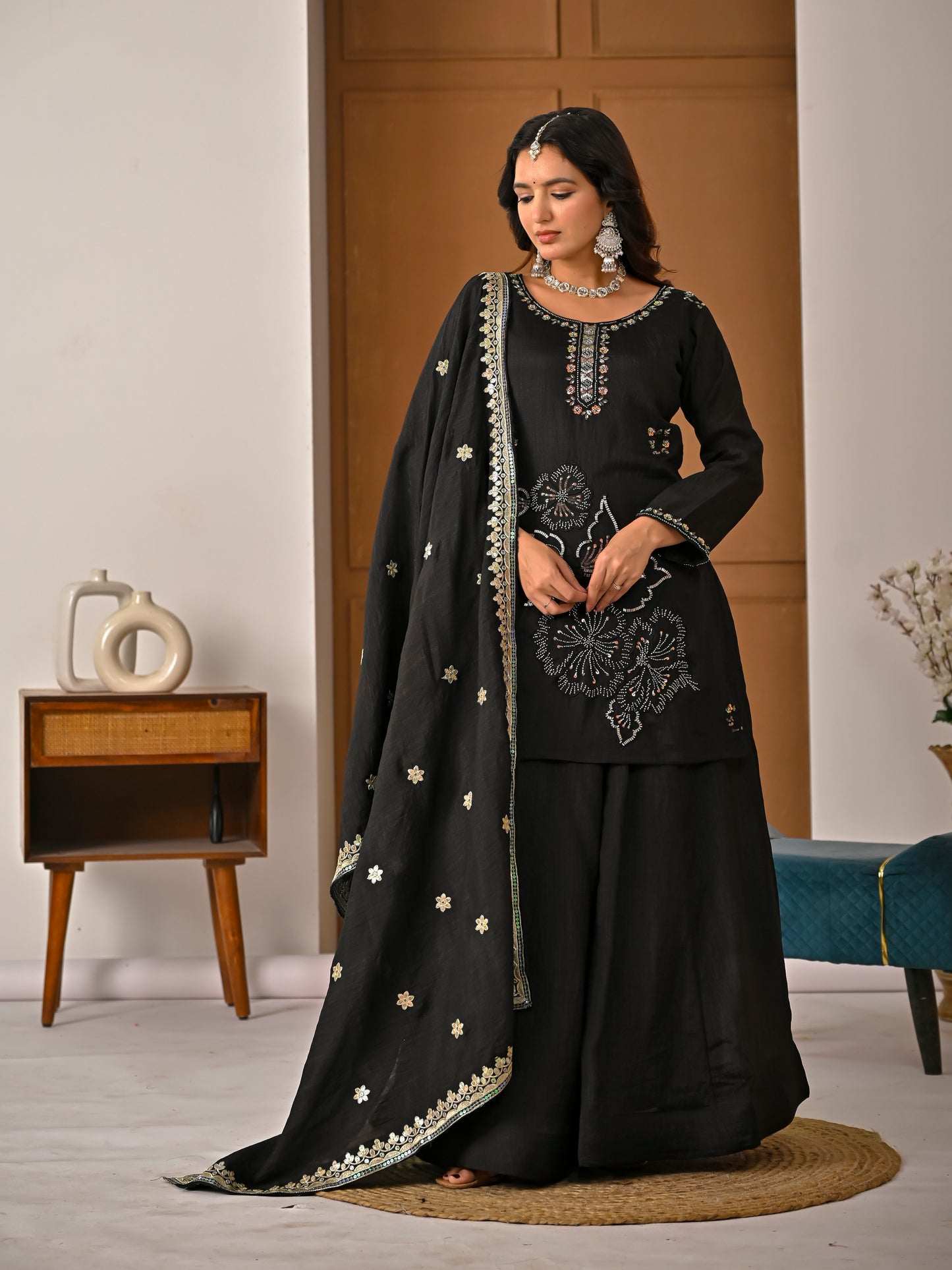 Black Vichitra Silk Sharara Suit Set with Embroidered Dupatta for Women | Hand Work Party & Wedding Wear