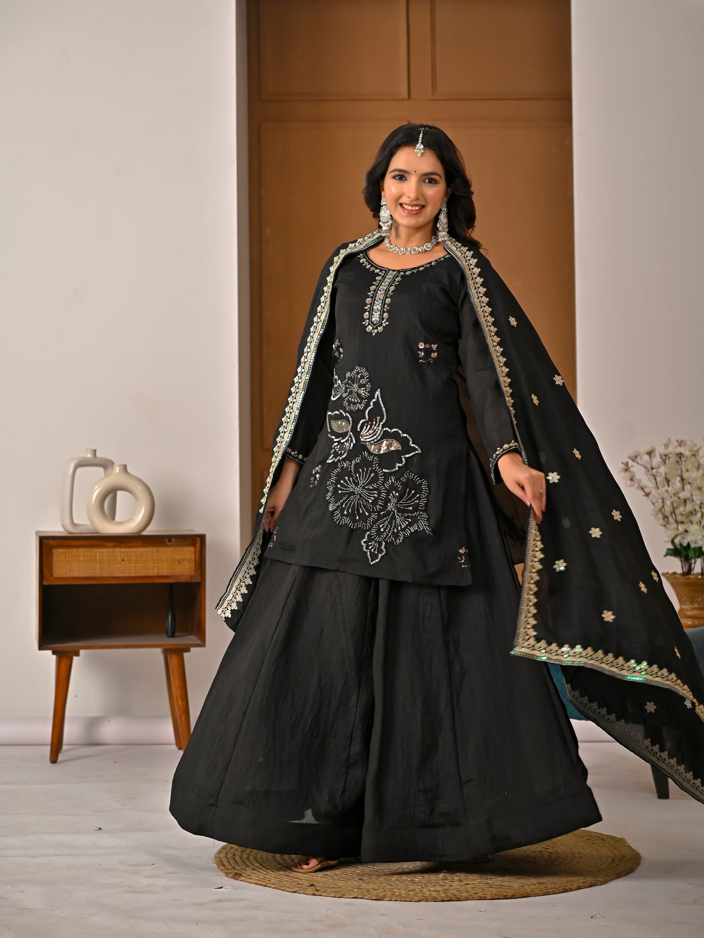 Black Vichitra Silk Sharara Suit Set with Embroidered Dupatta for Women | Hand Work Party & Wedding Wear