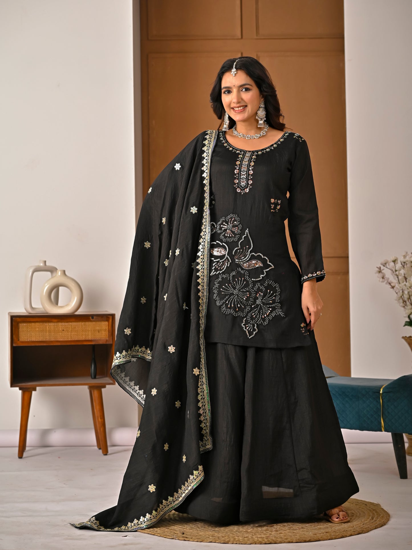 Black Vichitra Silk Sharara Suit Set with Embroidered Dupatta for Women | Hand Work Party & Wedding Wear