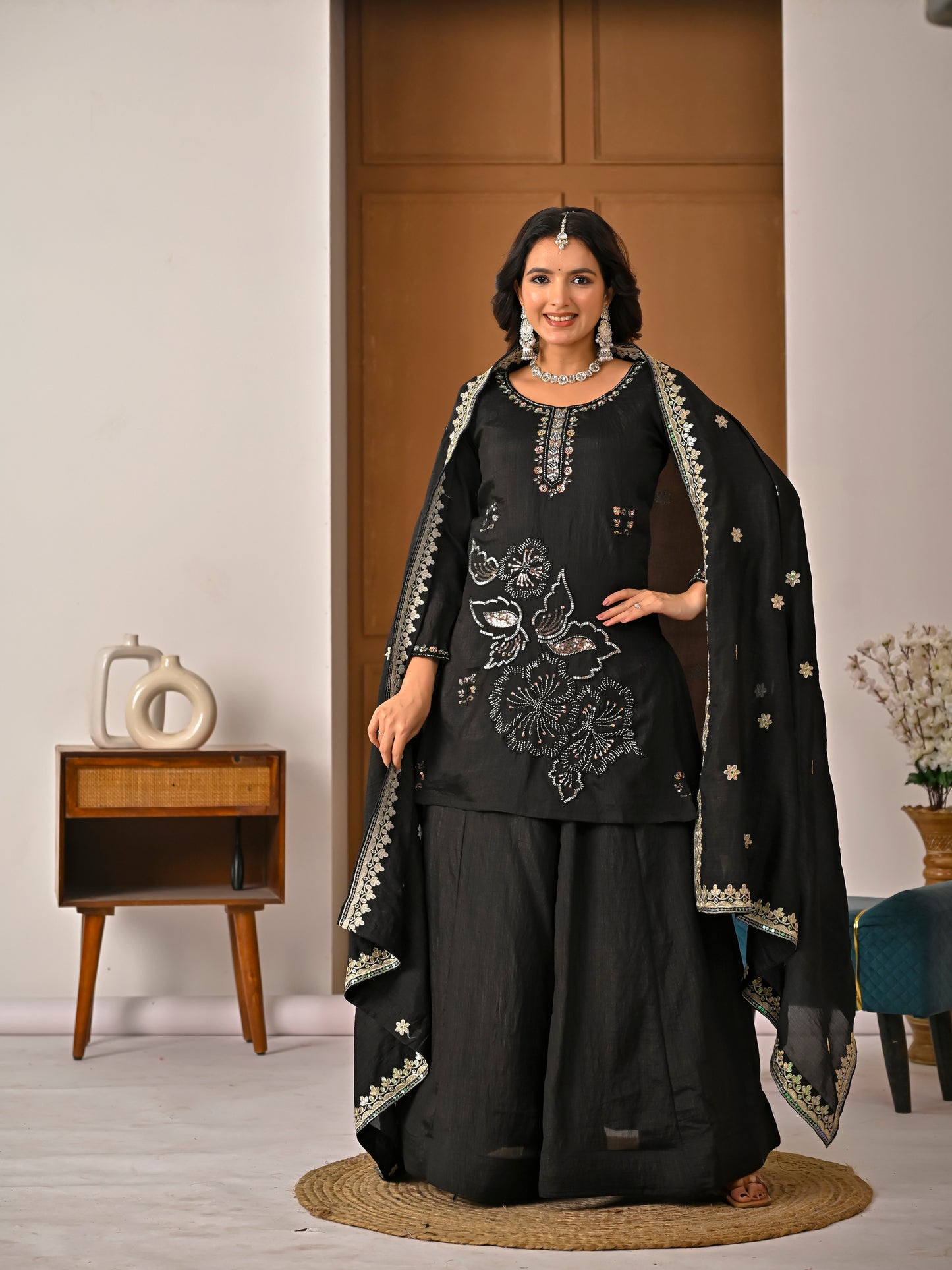 Black Vichitra Silk Sharara Suit Set with Embroidered Dupatta for Women | Hand Work Party & Wedding Wear