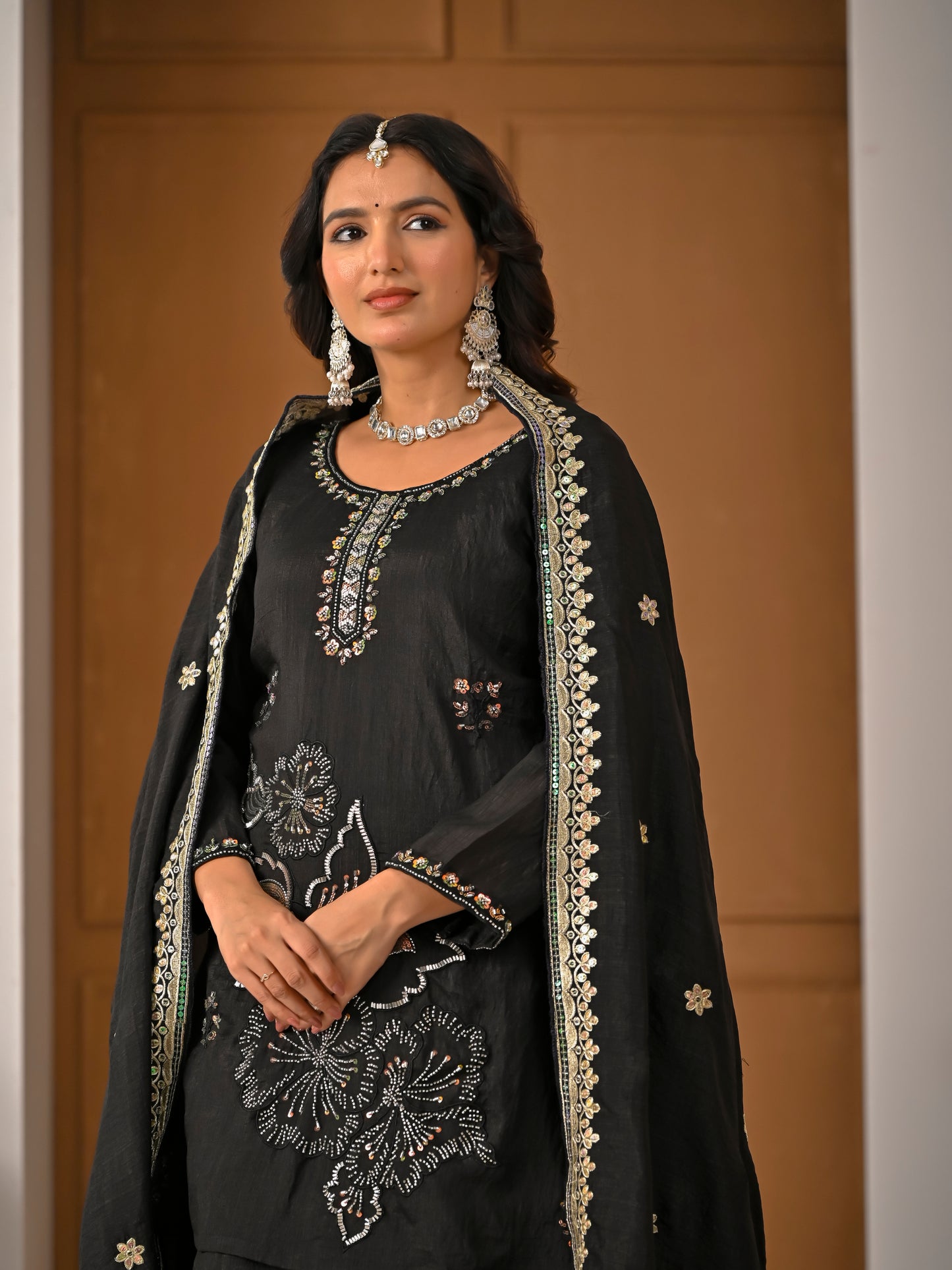 Black Vichitra Silk Sharara Suit Set with Embroidered Dupatta for Women | Hand Work Party & Wedding Wear
