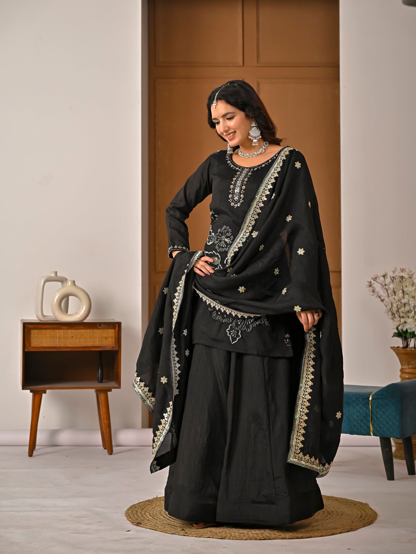 Black Vichitra Silk Sharara Suit Set with Embroidered Dupatta for Women | Hand Work Party & Wedding Wear