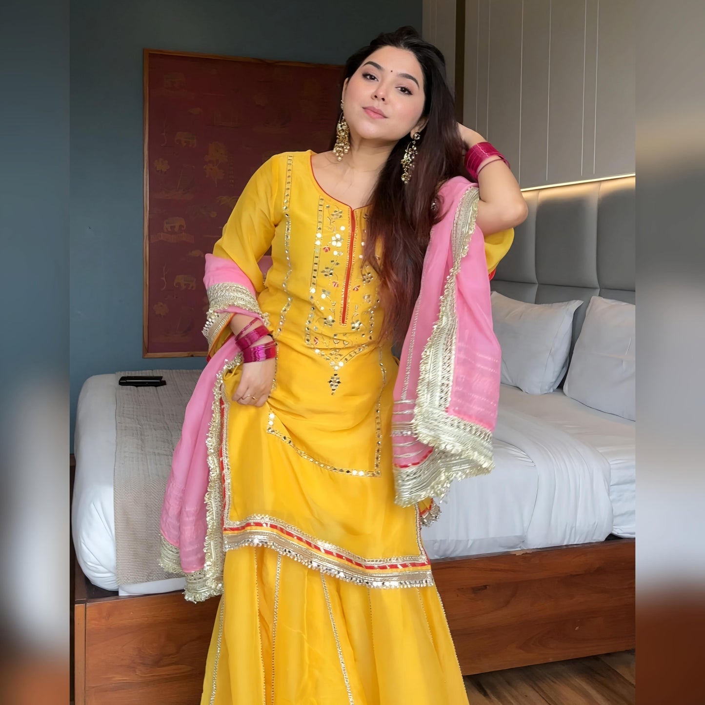 Festive & Wedding Wear Organza Silk Sharara Suit Set with Gota Patti Dupatta for woman