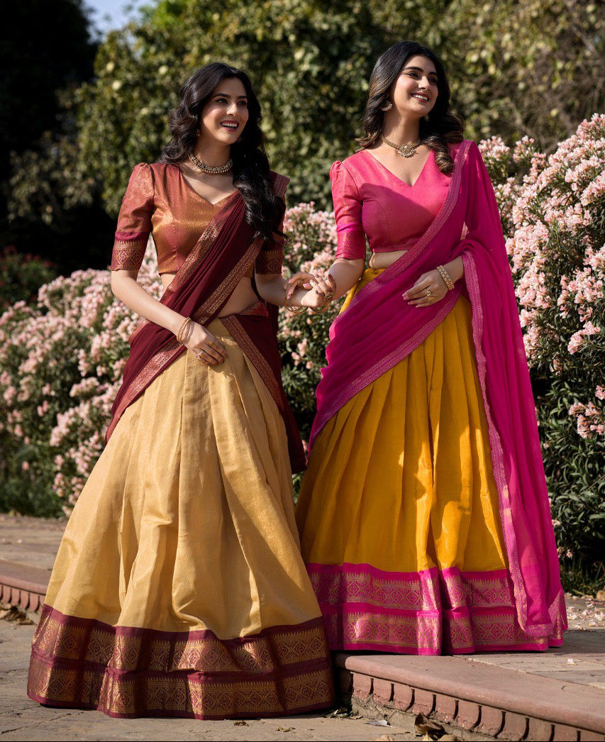 Entrancing Kanchipuram Silk Zari Weaving Worked Lehenga Choli - INDIAN ELEGANCE