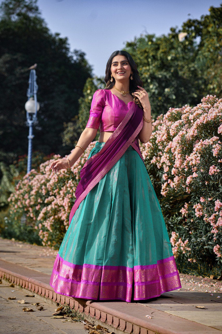 Entrancing Kanchipuram Silk Zari Weaving Worked Lehenga Choli - INDIAN ELEGANCE