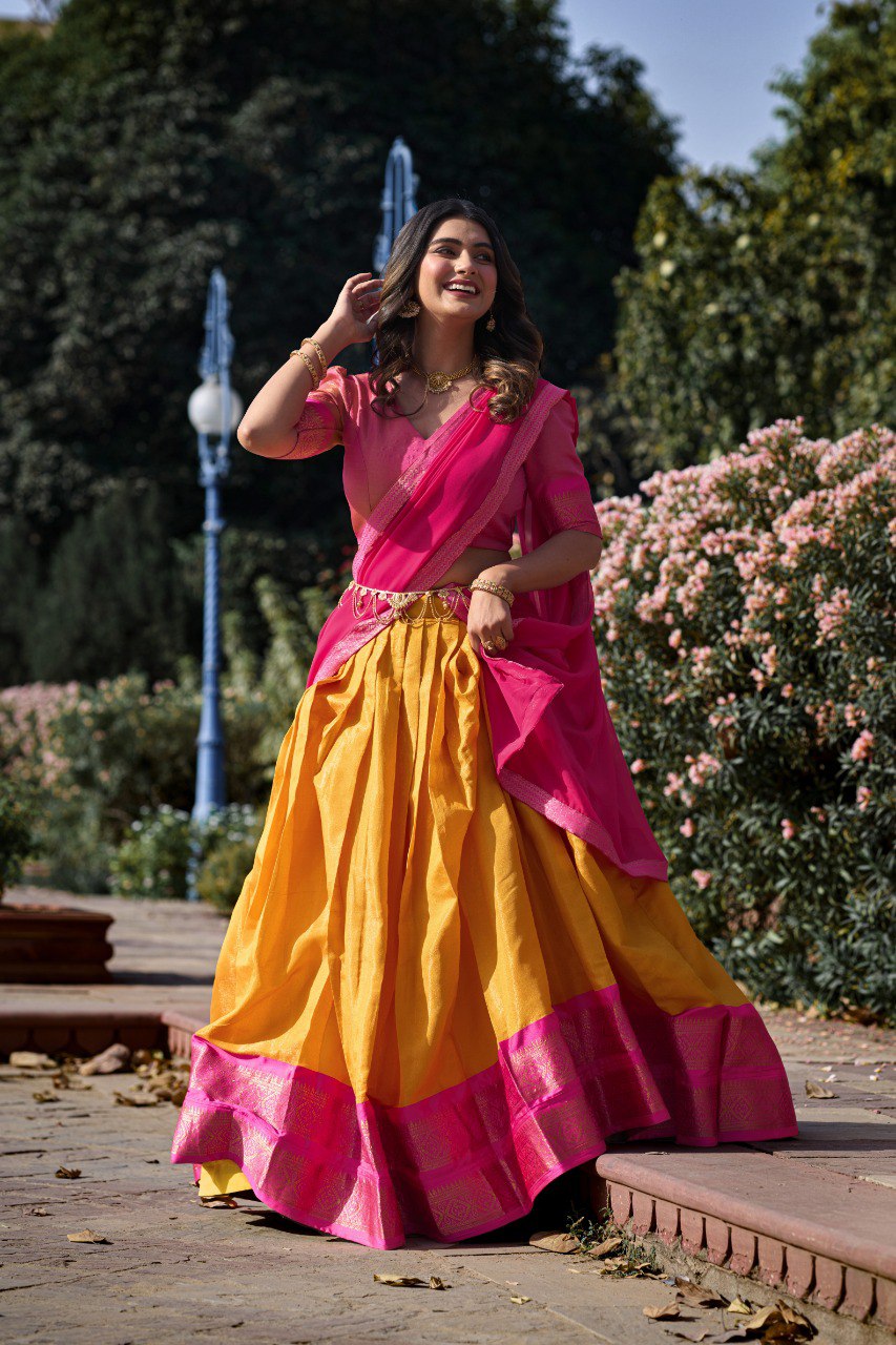 Entrancing Kanchipuram Silk Zari Weaving Worked Lehenga Choli - INDIAN ELEGANCE