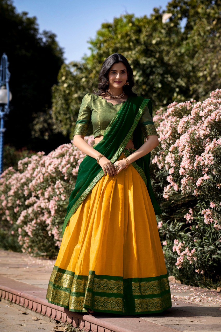 Entrancing Kanchipuram Silk Zari Weaving Worked Lehenga Choli - INDIAN ELEGANCE