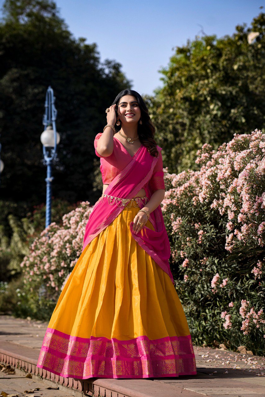 Entrancing Kanchipuram Silk Zari Weaving Worked Lehenga Choli - INDIAN ELEGANCE