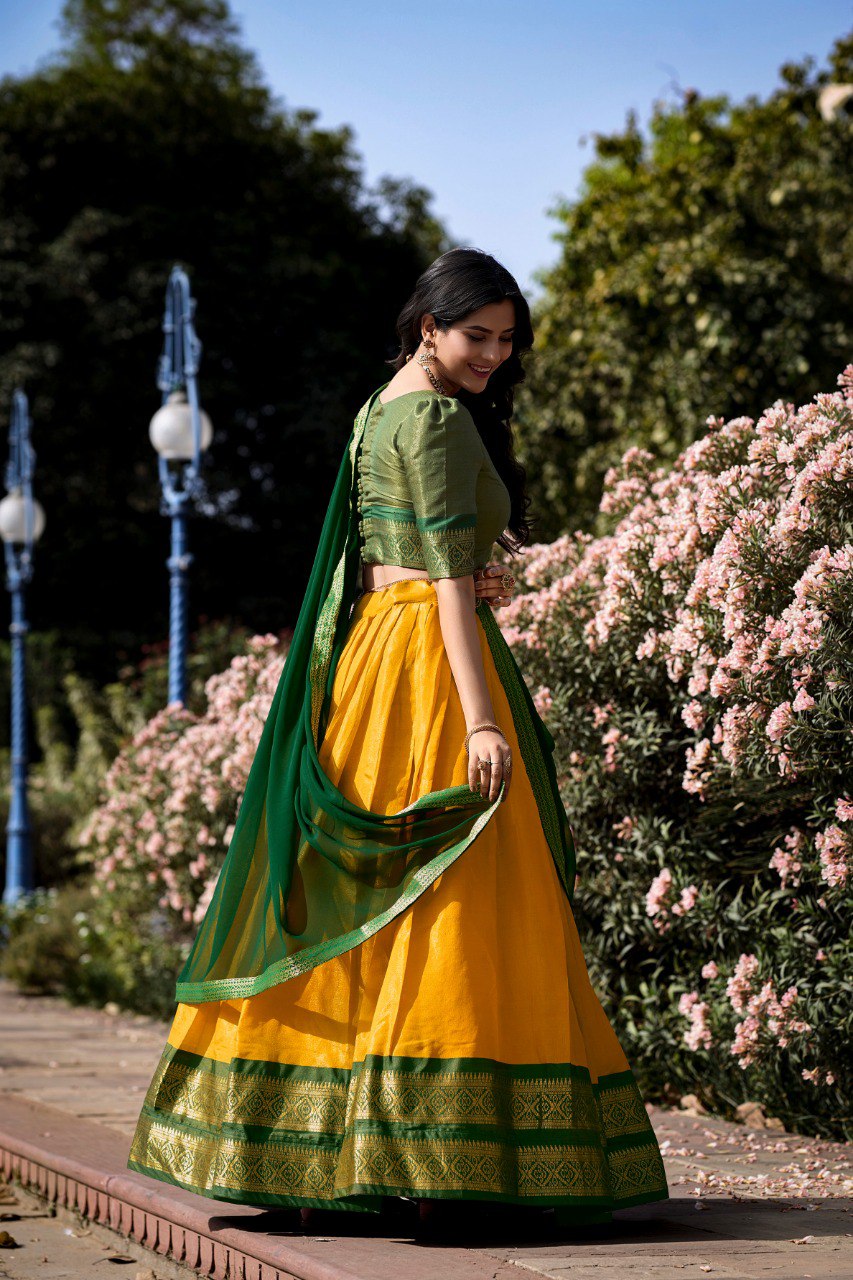 Entrancing Kanchipuram Silk Zari Weaving Worked Lehenga Choli - INDIAN ELEGANCE
