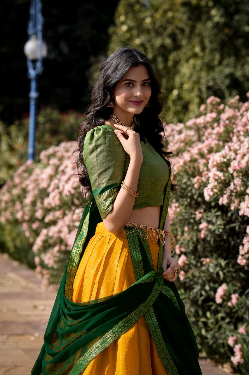 Entrancing Kanchipuram Silk Zari Weaving Worked Lehenga Choli - INDIAN ELEGANCE
