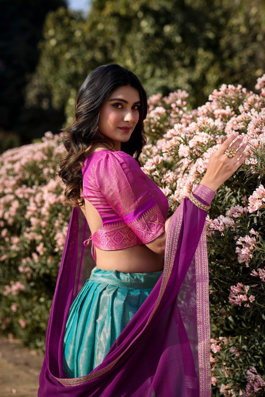 Entrancing Kanchipuram Silk Zari Weaving Worked Lehenga Choli - INDIAN ELEGANCE