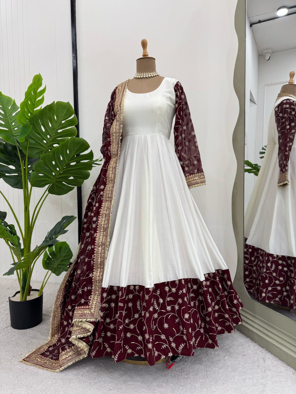 Exquisite White Chinon Silk Thread Sequins Worked Suit With Dupatta