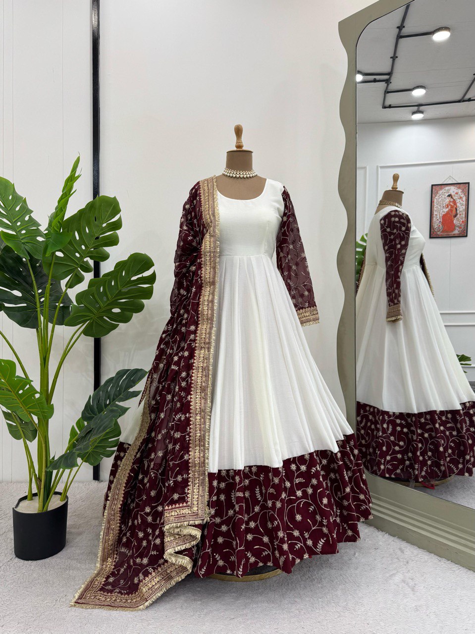 Exquisite White Chinon Silk Thread Sequins Worked Suit With Dupatta