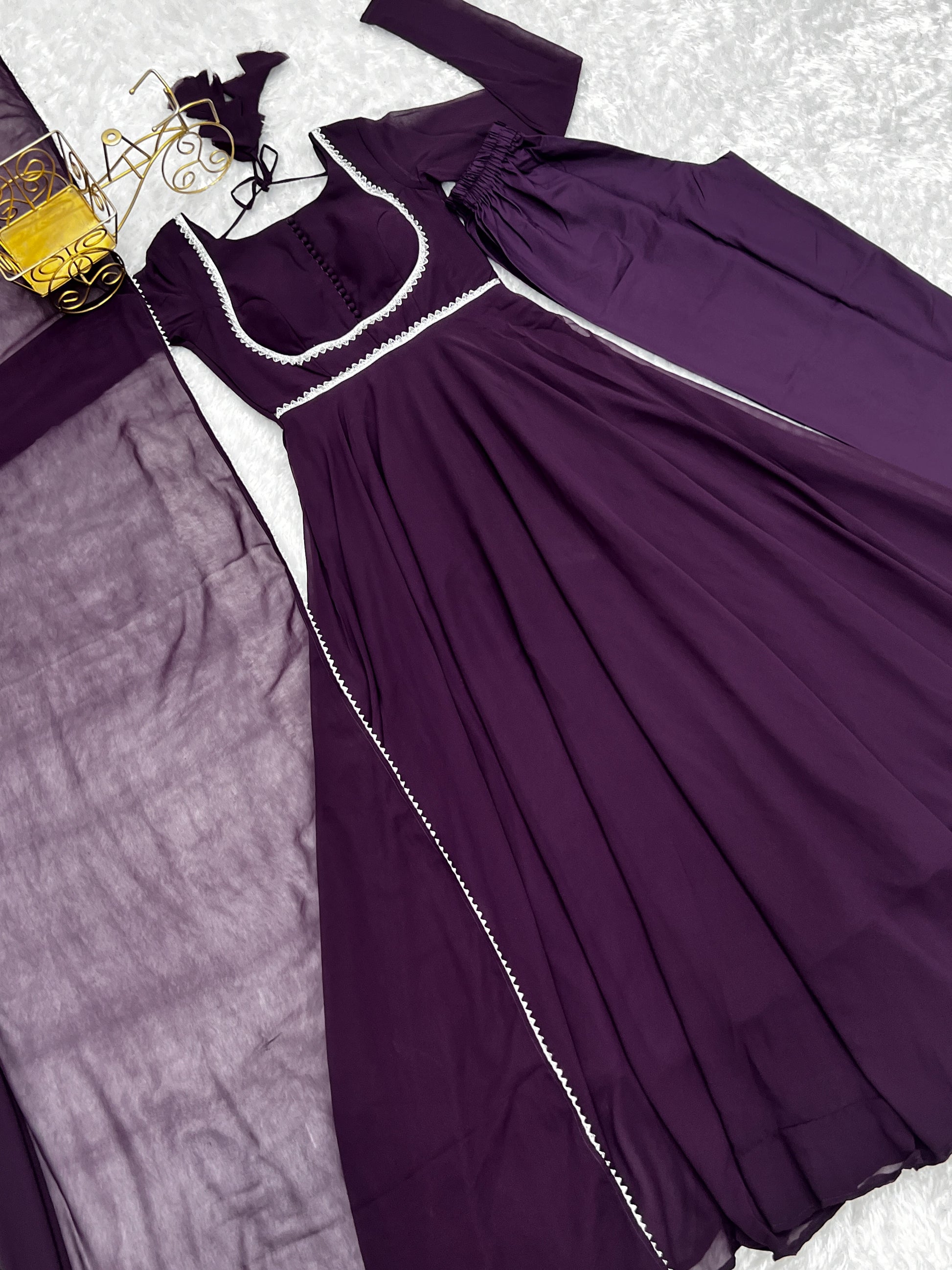Fetching Faux Georgette Fancy Neck Anarkali Pant Suit - INDIAN ELEGANCE