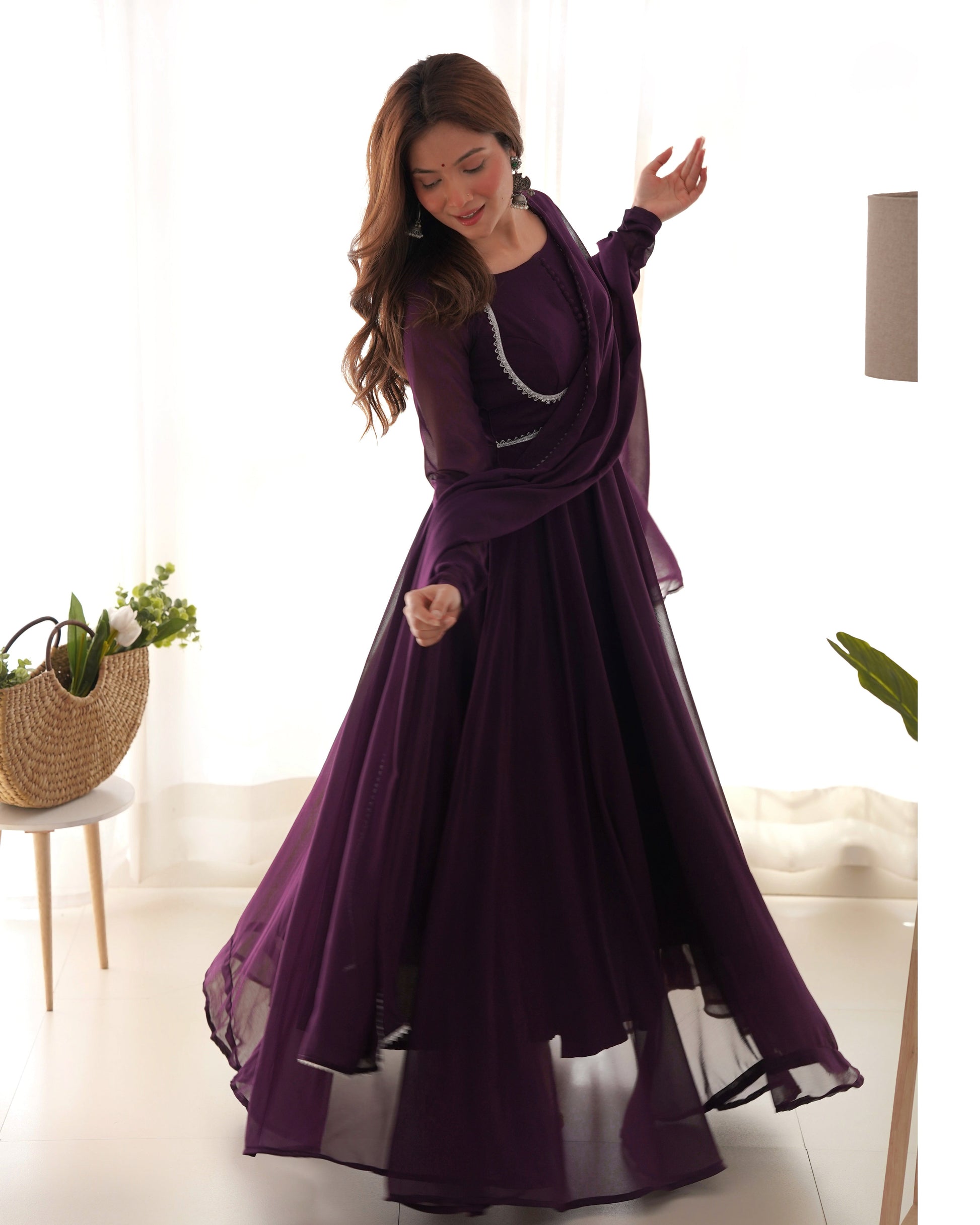 Fetching Faux Georgette Fancy Neck Anarkali Pant Suit - INDIAN ELEGANCE