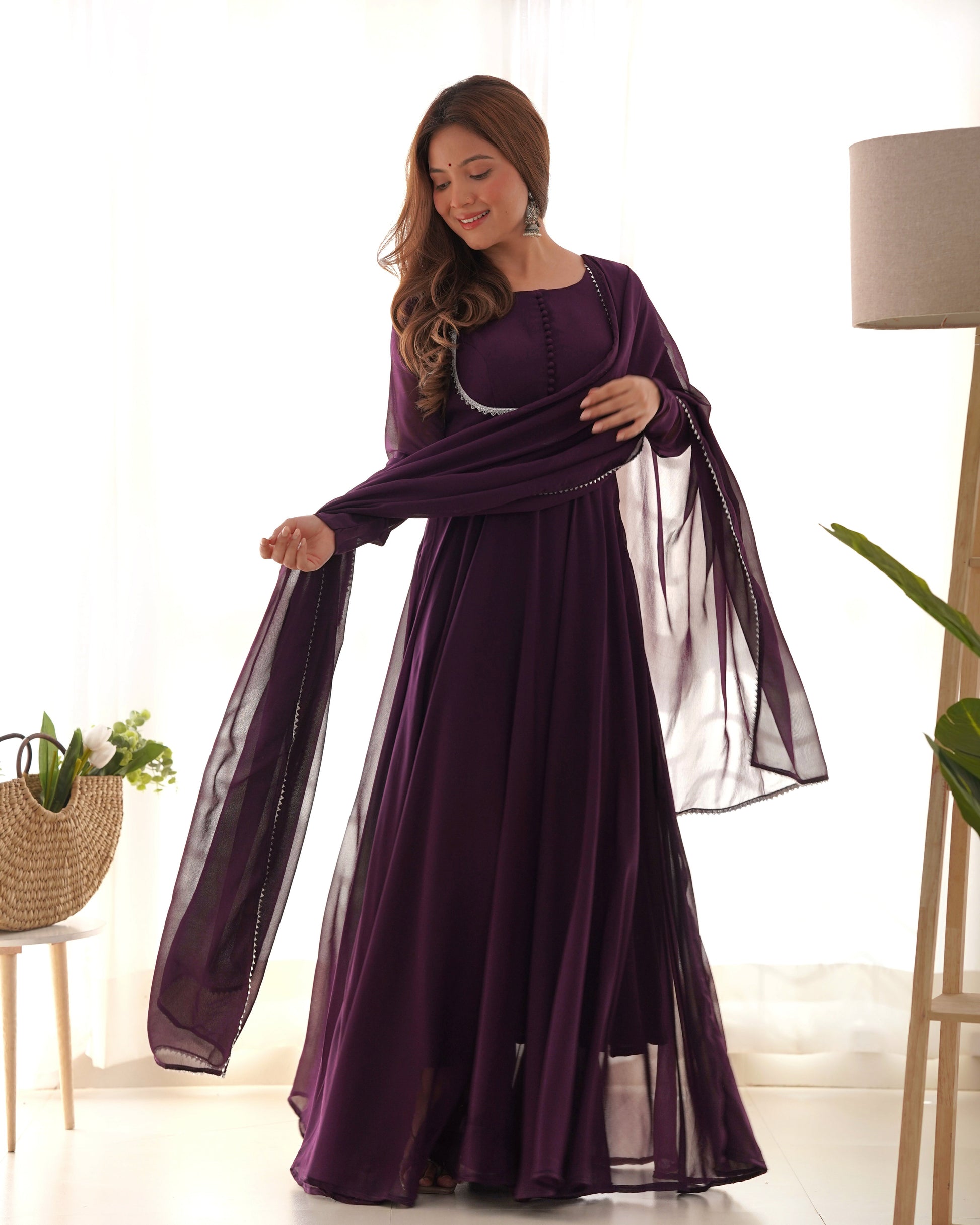 Fetching Faux Georgette Fancy Neck Anarkali Pant Suit - INDIAN ELEGANCE