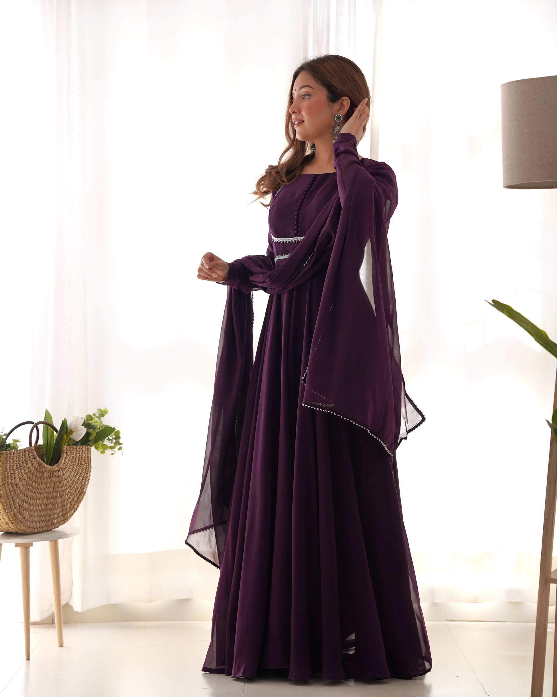 Fetching Faux Georgette Fancy Neck Anarkali Pant Suit - INDIAN ELEGANCE