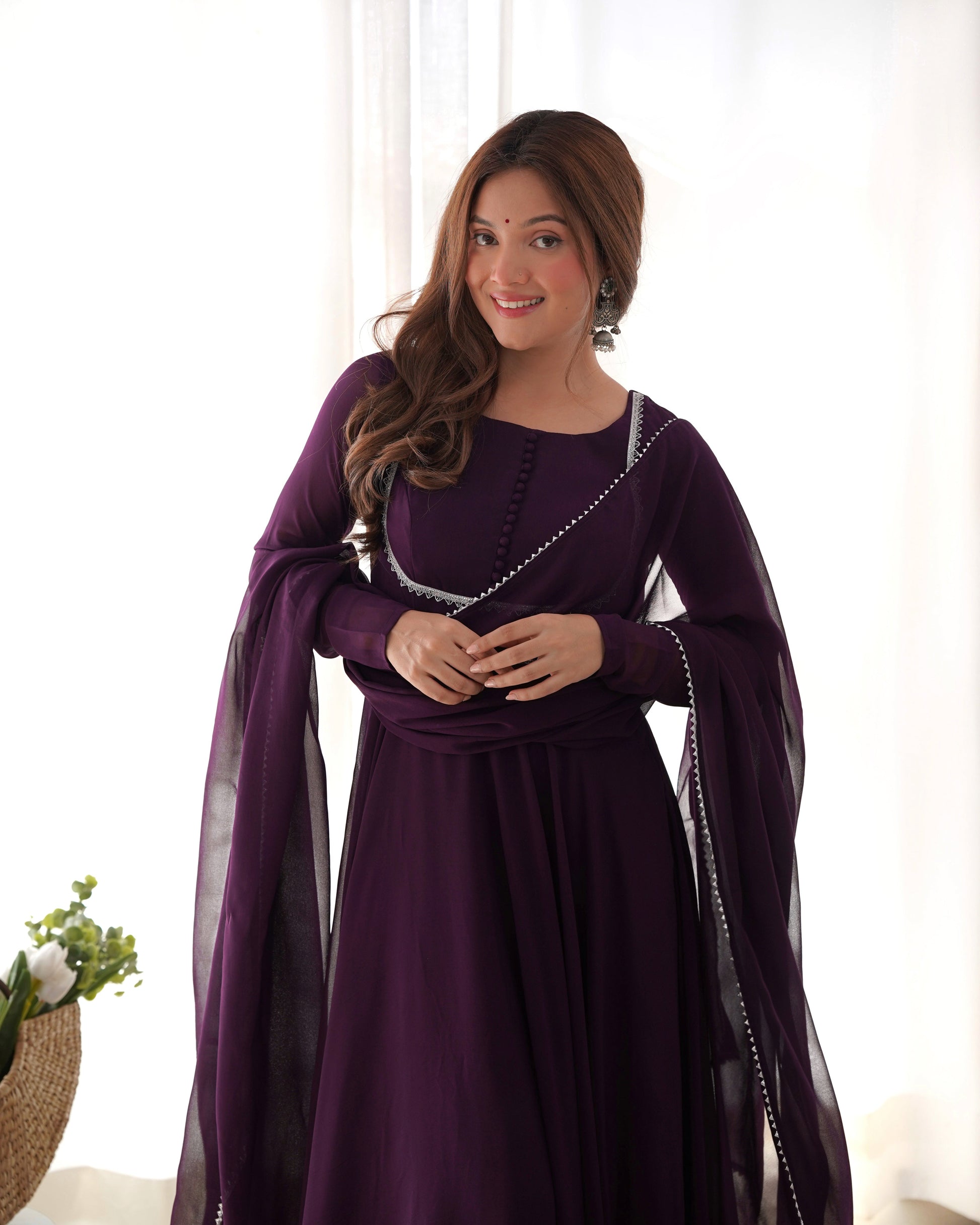 Fetching Faux Georgette Fancy Neck Anarkali Pant Suit - INDIAN ELEGANCE